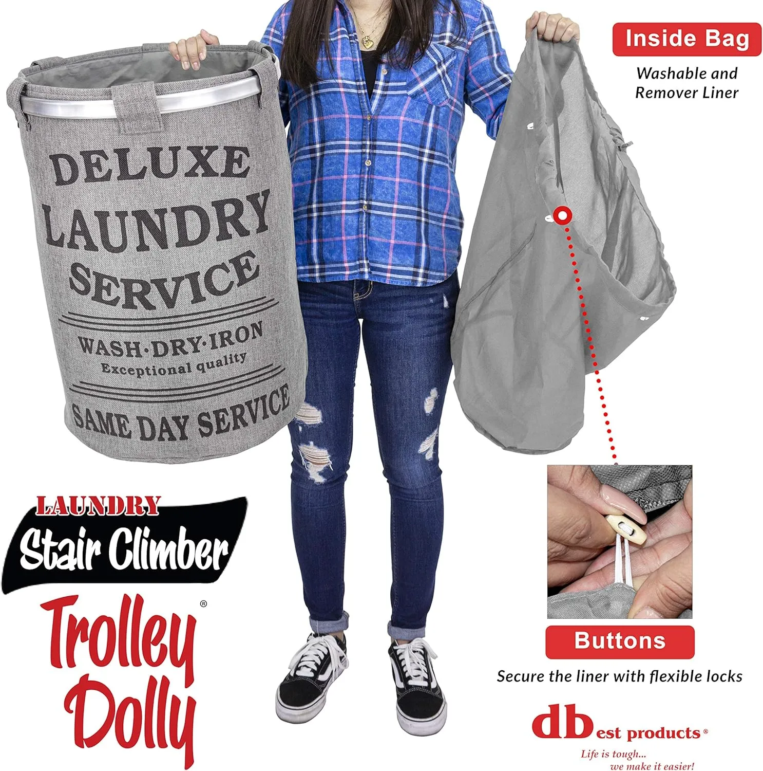 dbest products Stair Climber Laundry Trolley Dolly, Grey Laundry Bag Hamper Basket cart with wheels sorter