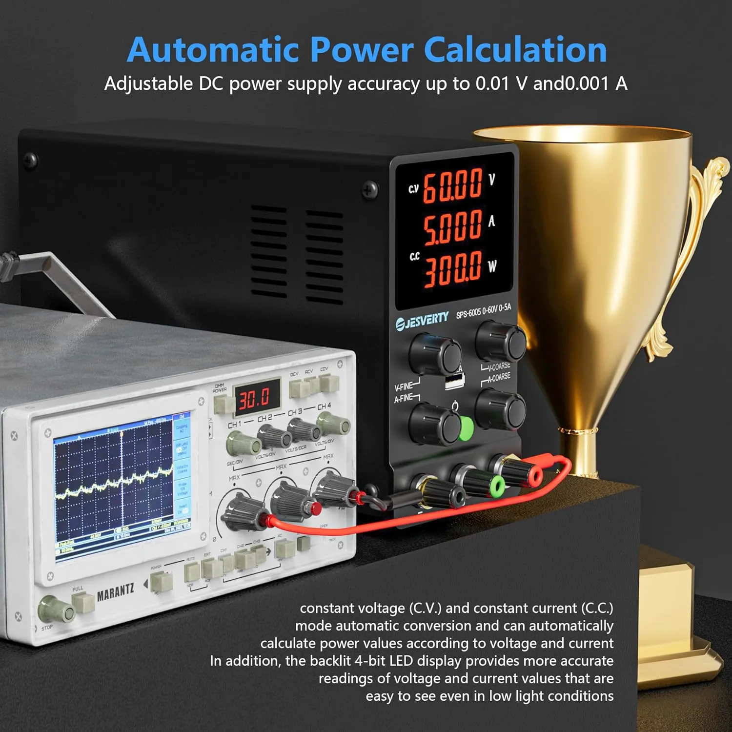 DC Power Supply Variable, 0-60V 0-5A Adjustable Switching DC Regulated Bench Power Supply with High Precision 4-Digit LED Display, 5V/2A USB Port, Coarse and Fine Adjustment SPS-6005