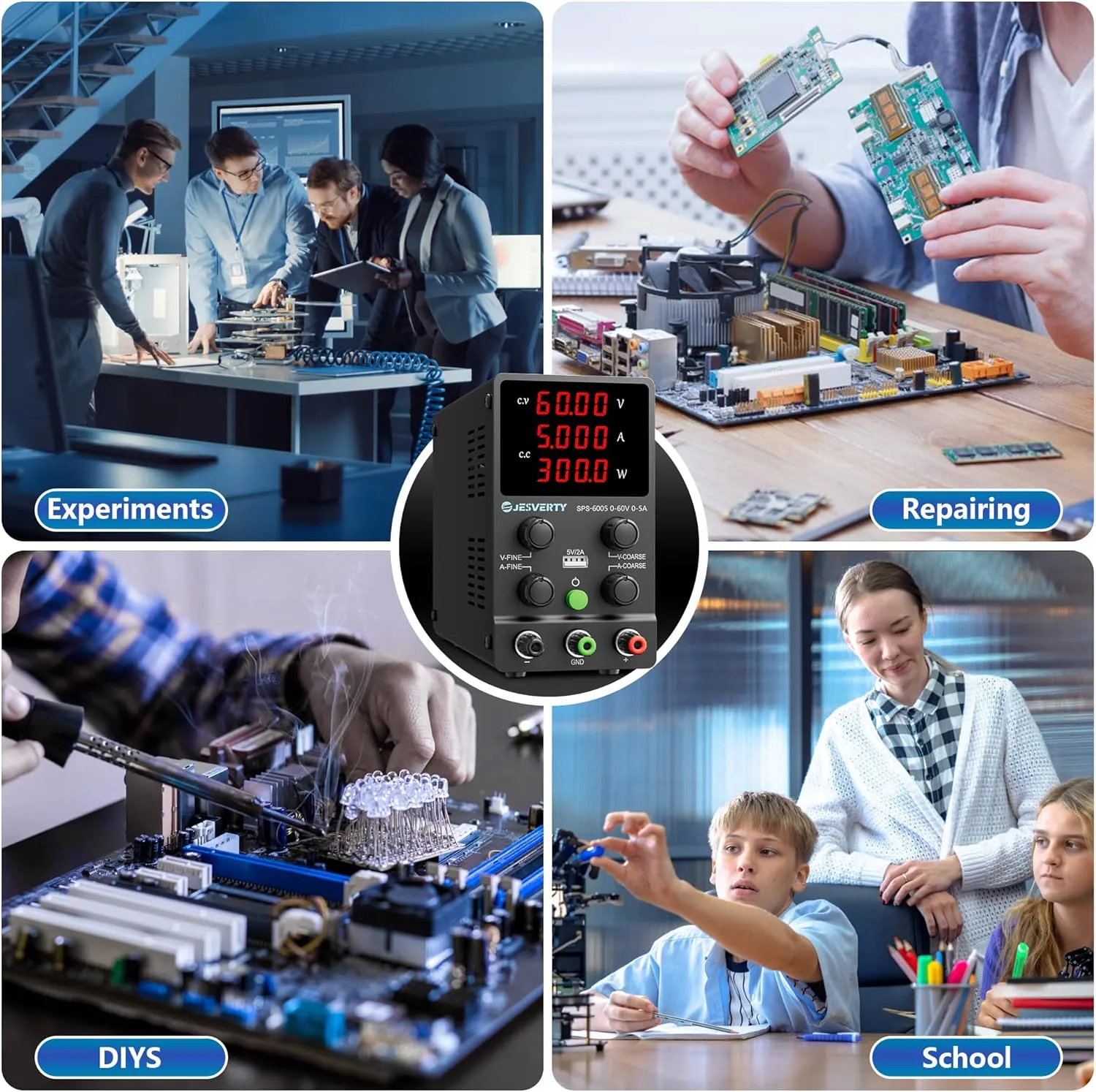 DC Power Supply Variable, 0-60V 0-5A Adjustable Switching DC Regulated Bench Power Supply with High Precision 4-Digit LED Display, 5V/2A USB Port, Coarse and Fine Adjustment SPS-6005