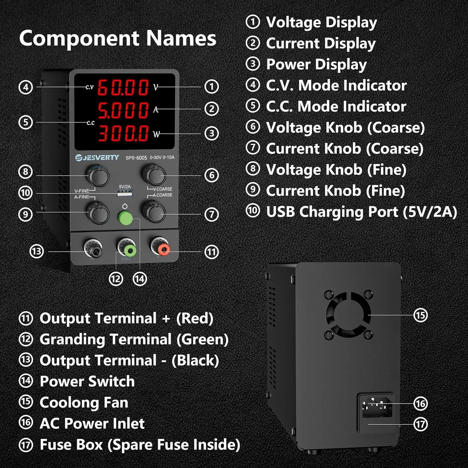 DC Power Supply Variable, 0-60V 0-5A Adjustable Switching DC Regulated Bench Power Supply with High Precision 4-Digit LED Display, 5V/2A USB Port, Coarse and Fine Adjustment SPS-6005