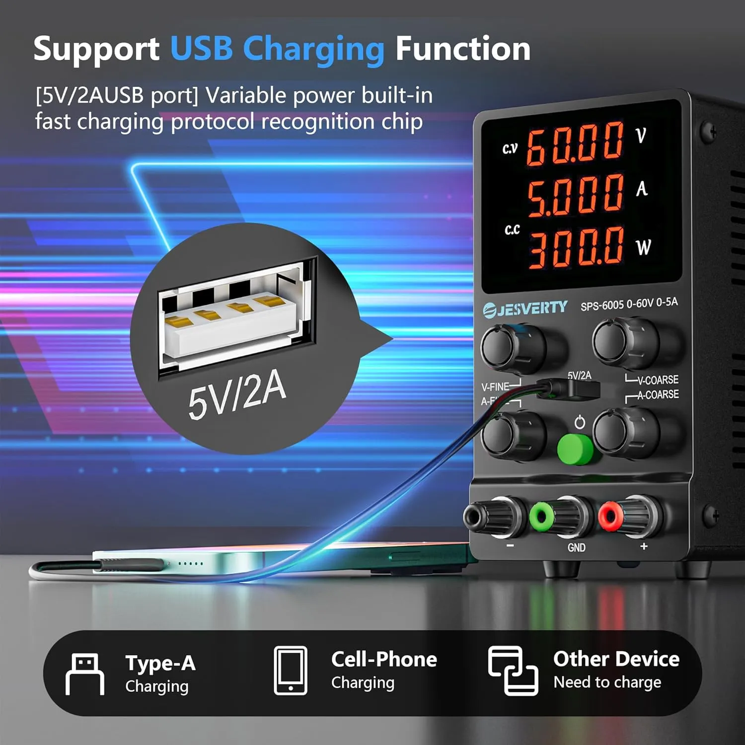 DC Power Supply Variable, 0-60V 0-5A Adjustable Switching DC Regulated Bench Power Supply with High Precision 4-Digit LED Display, 5V/2A USB Port, Coarse and Fine Adjustment SPS-6005