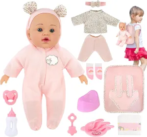 deAO 12 Inch Baby Doll With Backpack Carrier Playset - 14 Pcs Soft Doll With Bottle, Clothes and Accessories - Toy Set for Toddlers