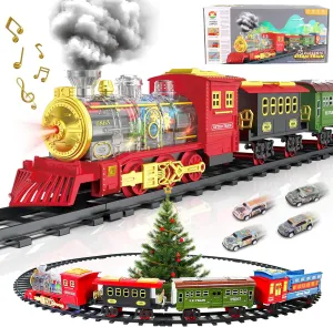 deAO Christmas Train Set for Kids,Electric Christmas Tree Train Set with Light,Sounds and Smoke Effect,Christmas Train Sets for Under Christmas Tree,Electric Train Sets for Kids