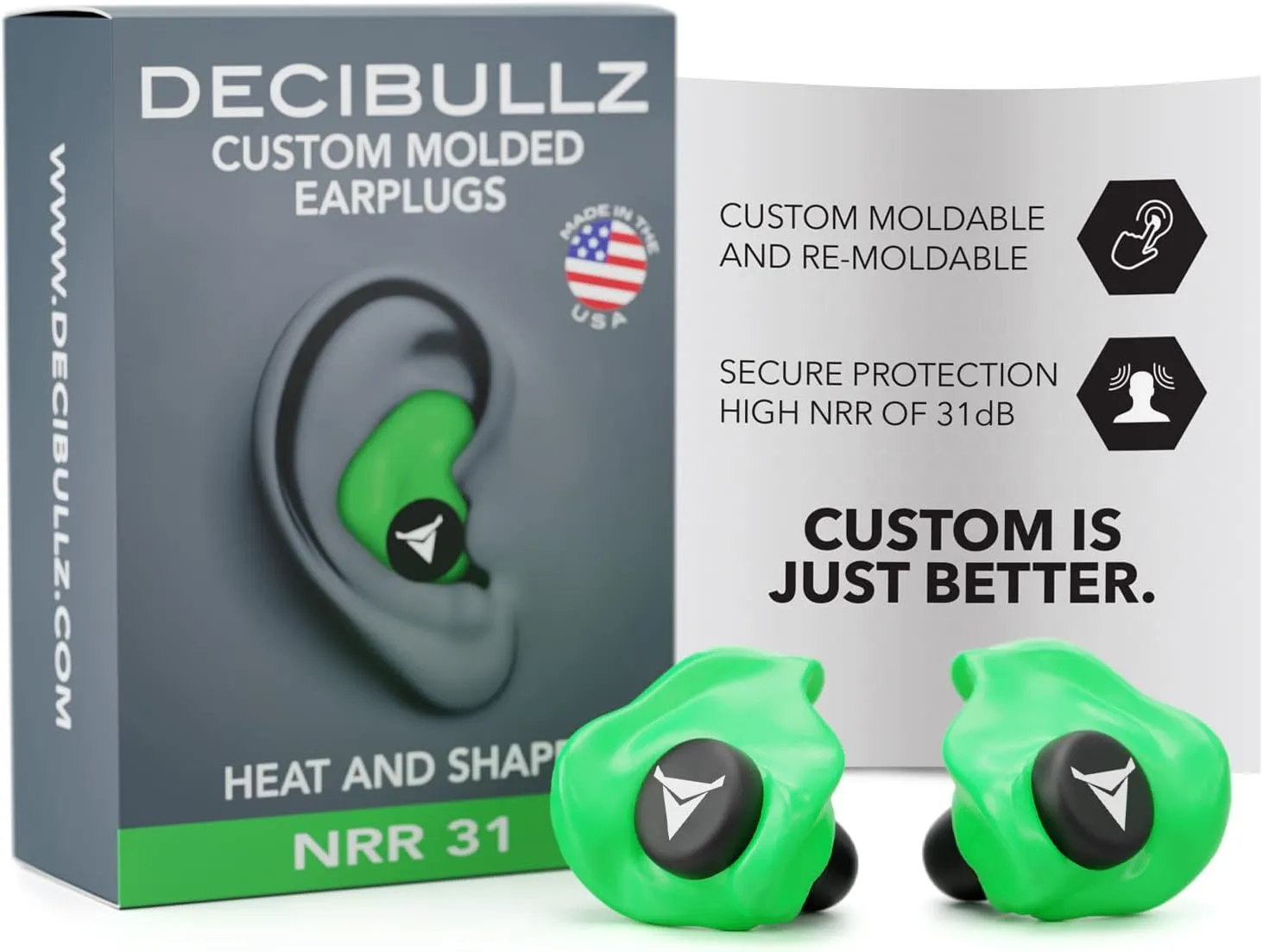 Decibullz - Custom Molded Earplugs, 31dB Highest NRR, Comfortable Hearing Protection for Shooting, Travel, Work and Concerts