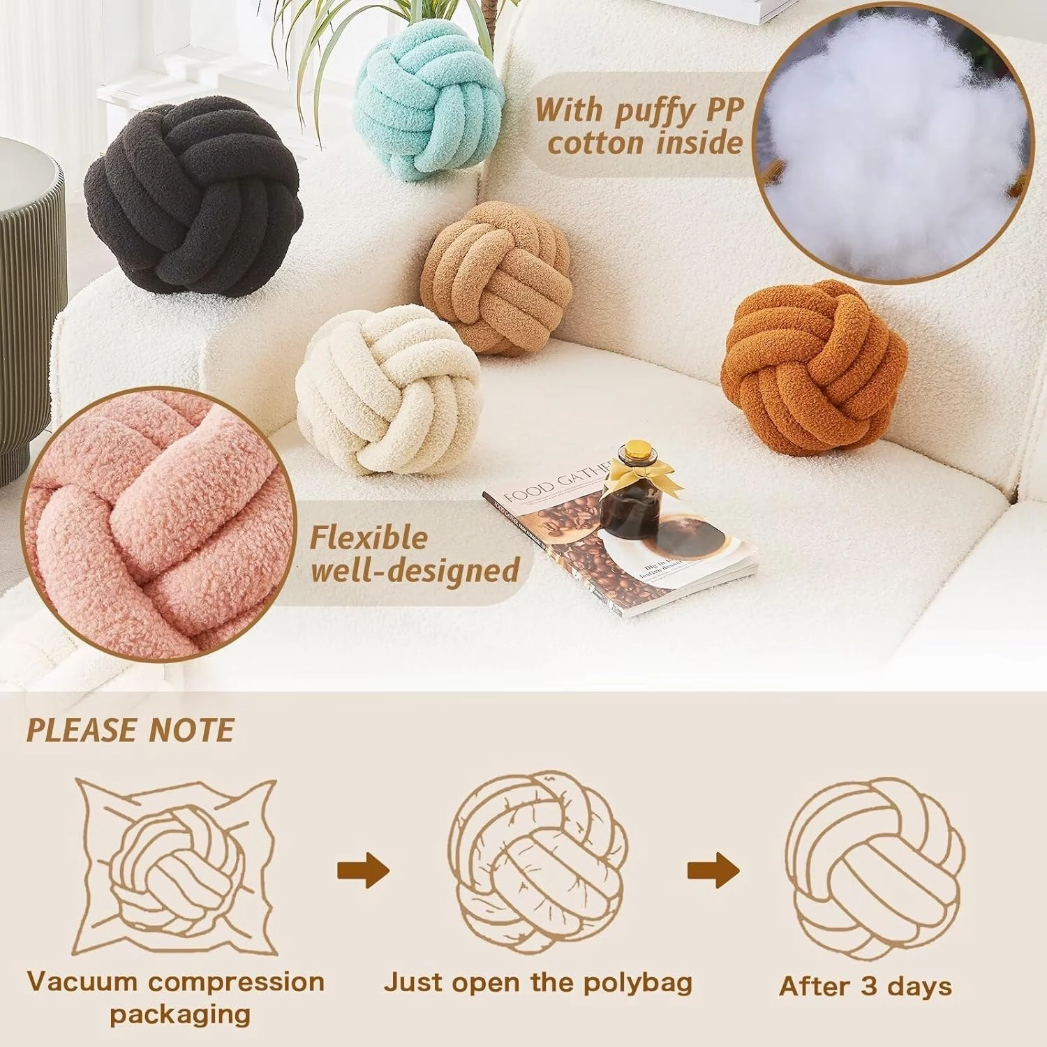 Decorative Throw Knot Pillow Ball for Home Chair Sofa Couch Bed Aesthetic Round Decor Pillows Lambswool Knotted Pillow Cushion (Ivory White, 11 inches)