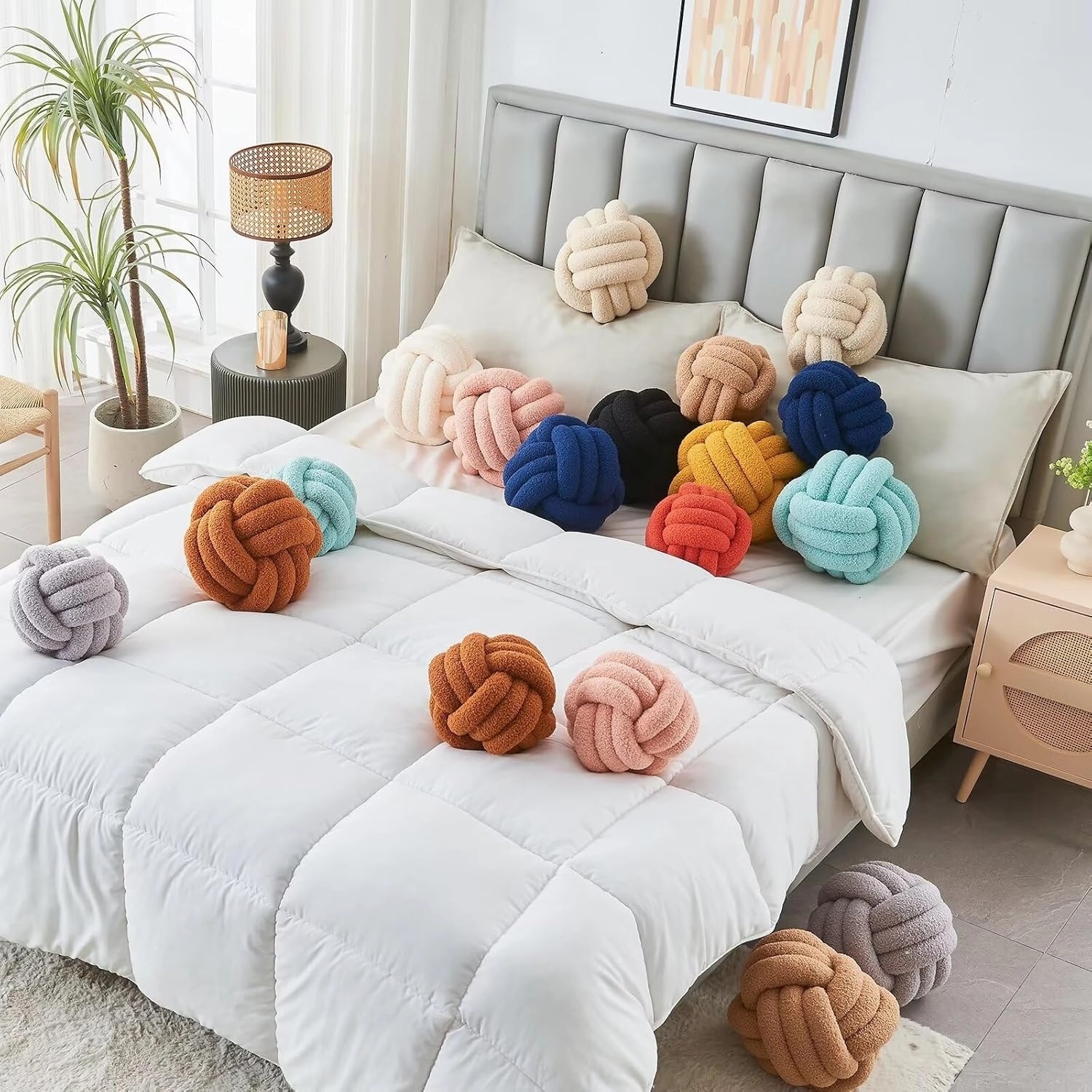 Decorative Throw Knot Pillow Ball for Home Chair Sofa Couch Bed Aesthetic Round Decor Pillows Lambswool Knotted Pillow Cushion (Ivory White, 11 inches)