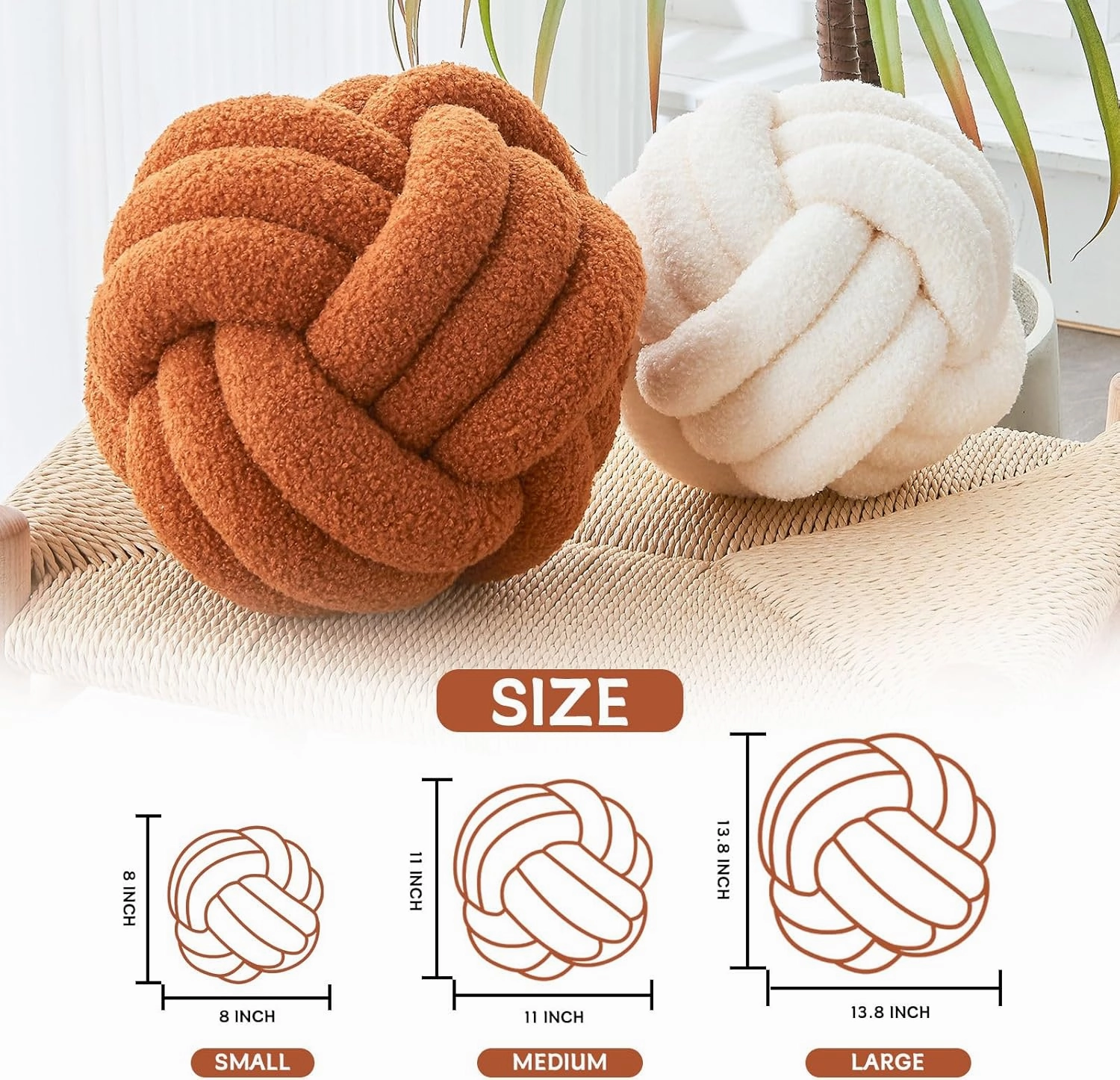 Decorative Throw Knot Pillow Ball for Home Chair Sofa Couch Bed Aesthetic Round Decor Pillows Lambswool Knotted Pillow Cushion (Ivory White, 11 inches)