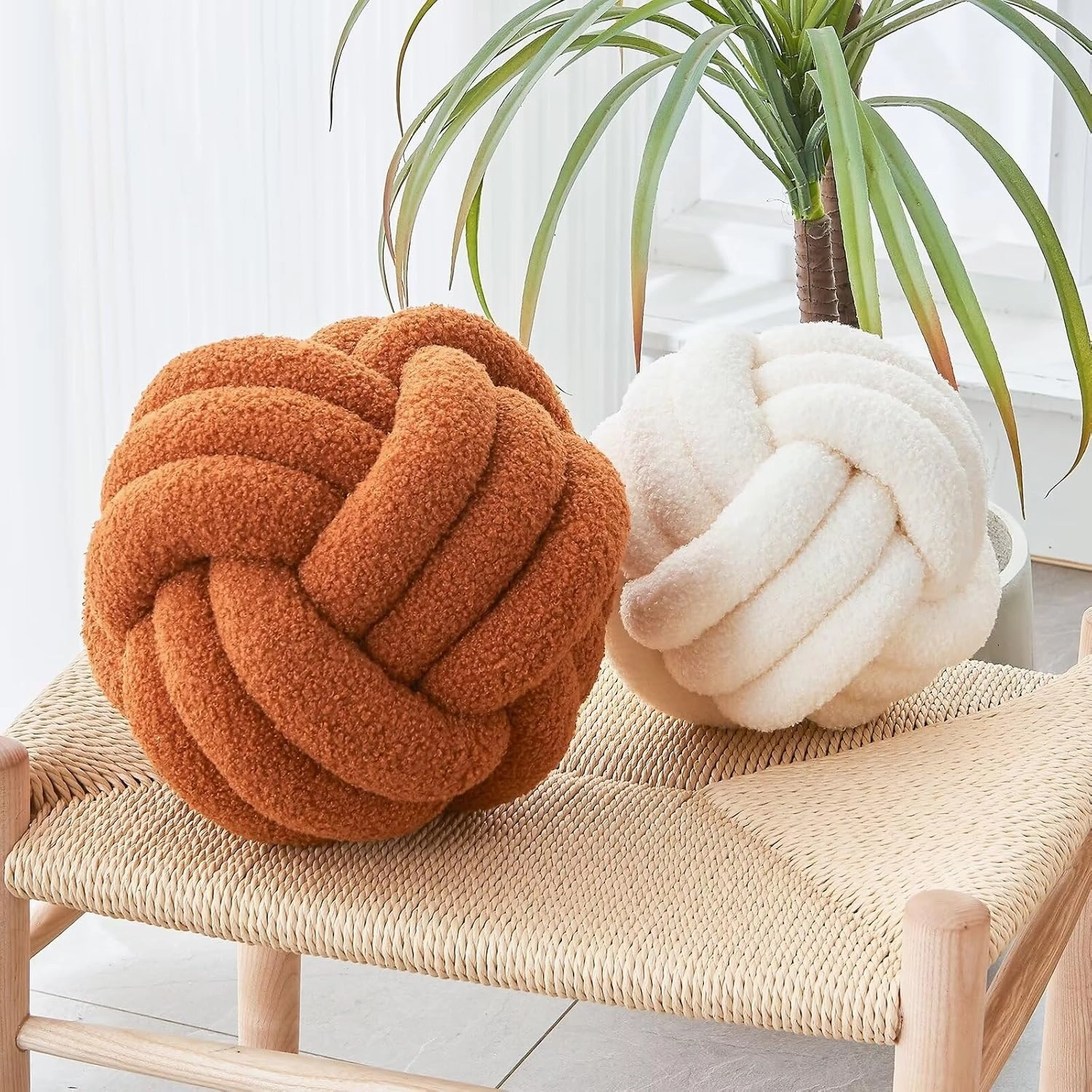 Decorative Throw Knot Pillow Ball for Home Chair Sofa Couch Bed Aesthetic Round Decor Pillows Lambswool Knotted Pillow Cushion (Ivory White, 11 inches)