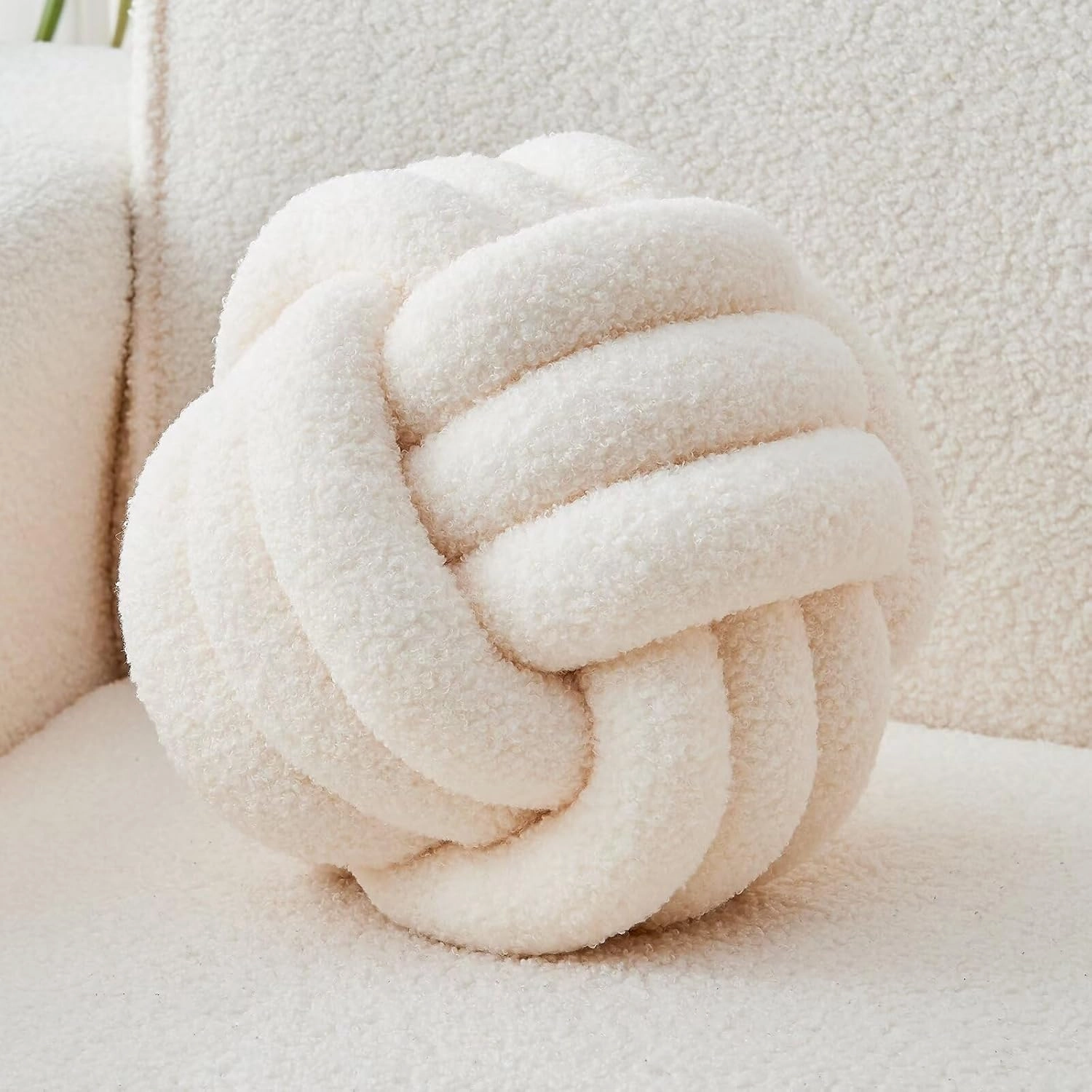 Decorative Throw Knot Pillow Ball for Home Chair Sofa Couch Bed Aesthetic Round Decor Pillows Lambswool Knotted Pillow Cushion (Ivory White, 11 inches)