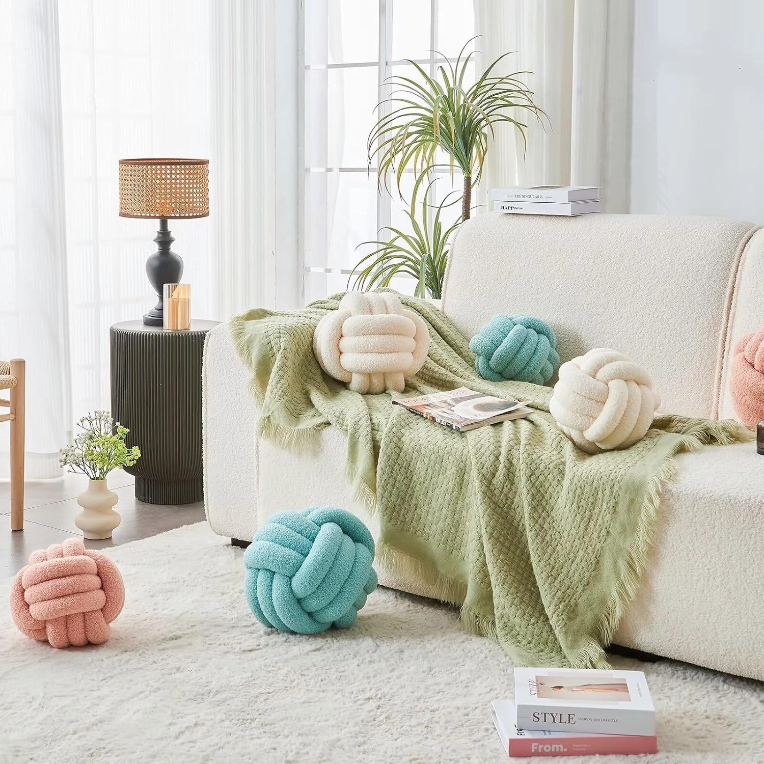 Decorative Throw Knot Pillow Ball for Home Chair Sofa Couch Bed Aesthetic Round Decor Pillows Lambswool Knotted Pillow Cushion (Ivory White, 11 inches)