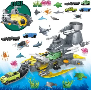 Deep Sea Creatures & Submarine Toy, Ocean Animal Toys with Truck Cars, 23 Piece Educational Playset for Kids Ages 3  Years Old, Indoor & Outdoor Play, Preschool Learning for Boys Girls