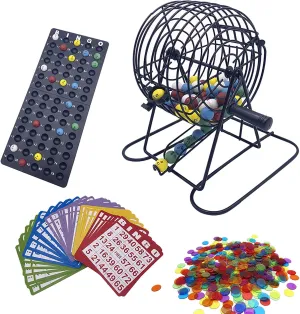 Deluxe Bingo Game Set-6 Inch Metal Cage, Master Board,75 Colored Balls, 50 Bingo Cards,500 6 Color Mix Chips and 2 Bags,Ideal for Large Groups