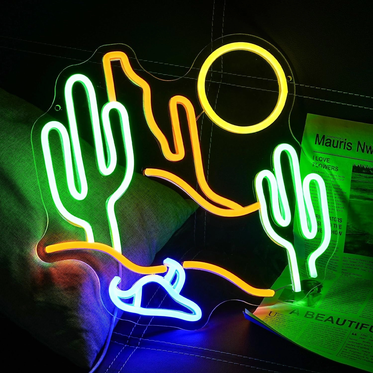 Desert Cactus Neon Sign for Wall Decor Desert Neon Light Sun LED Neon Sign Cactus Neon Light Up Sign for Bedroom Living Room Hotel Bar Scenic Area Decoration(13.7"*12.9")