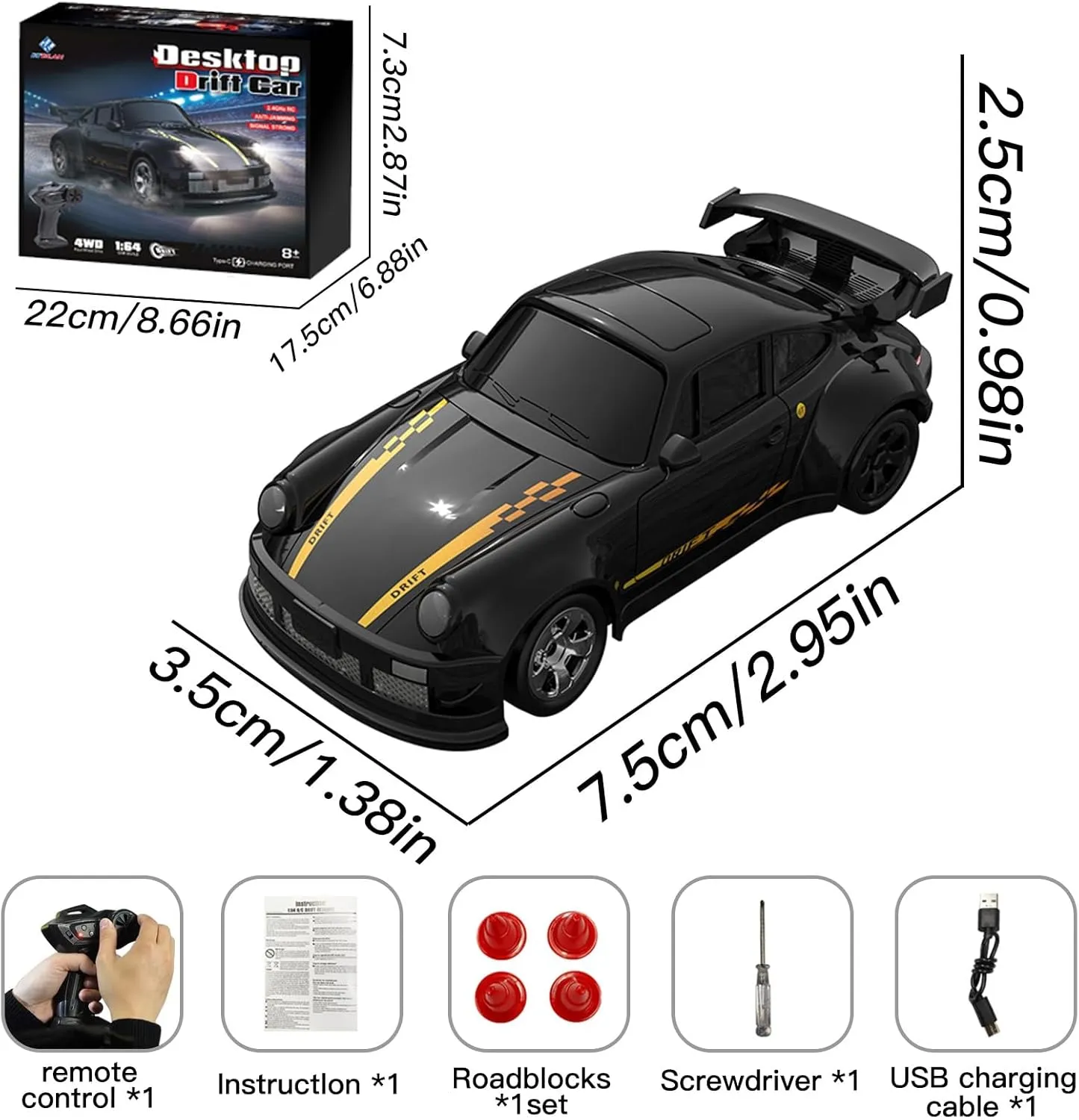 Desktop Drift Car, 1/64 Scale Mini RC Drift Car with LED Lights, Remote Control Vehicle with Electronic Locator, 4WD Mini RC Drift Cars for Race, Children's Gifts and Toys (KF20 Black)
