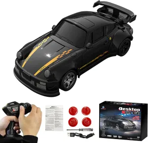 Desktop Drift Car, 1/64 Scale Mini RC Drift Car with LED Lights, Remote Control Vehicle with Electronic Locator, 4WD Mini RC Drift Cars for Race, Children's Gifts and Toys (KF20 Black)