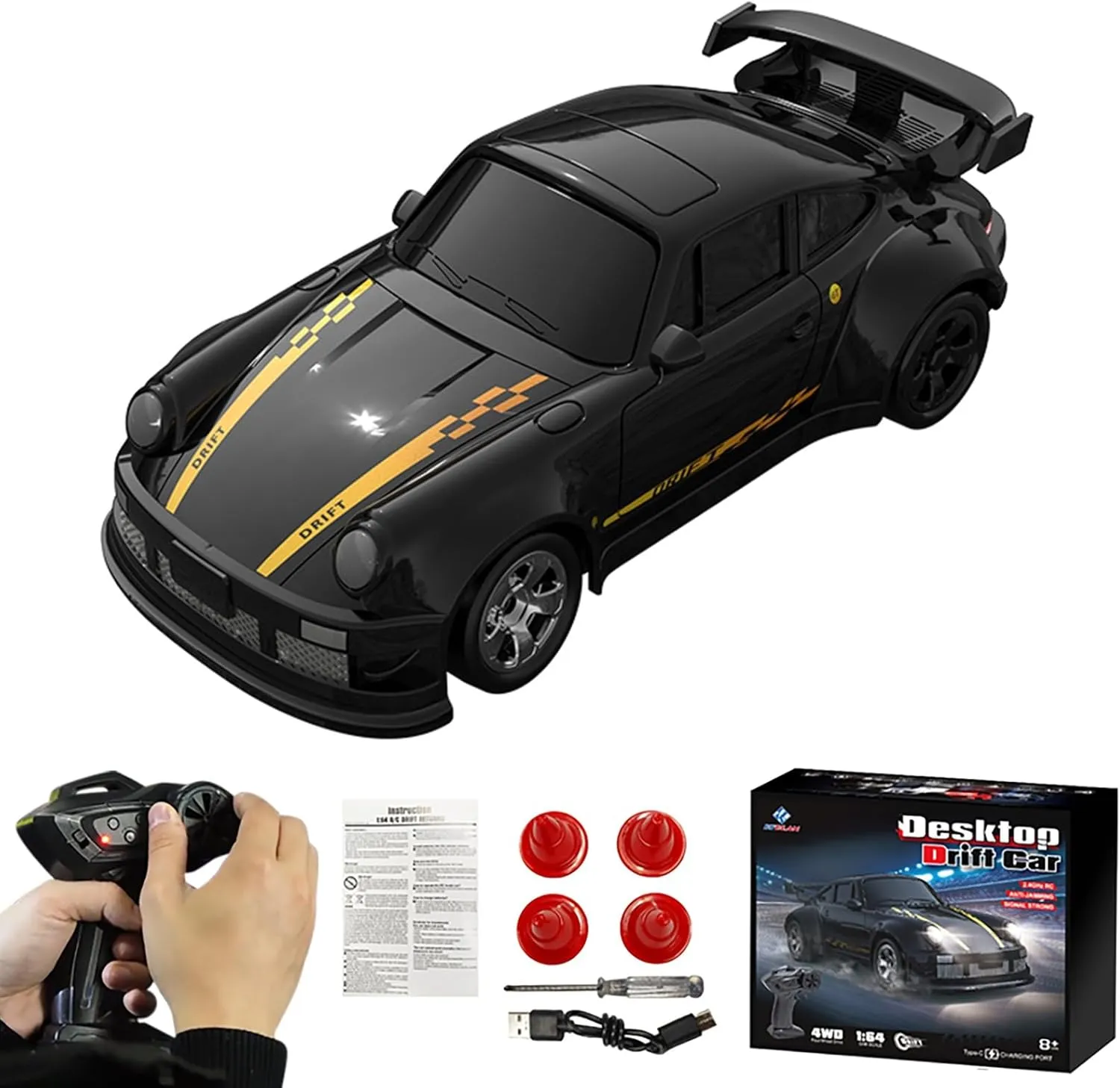 Desktop Drift Car, 1/64 Scale Mini RC Drift Car with LED Lights, Remote Control Vehicle with Electronic Locator, 4WD Mini RC Drift Cars for Race, Children's Gifts and Toys (KF20 Black)