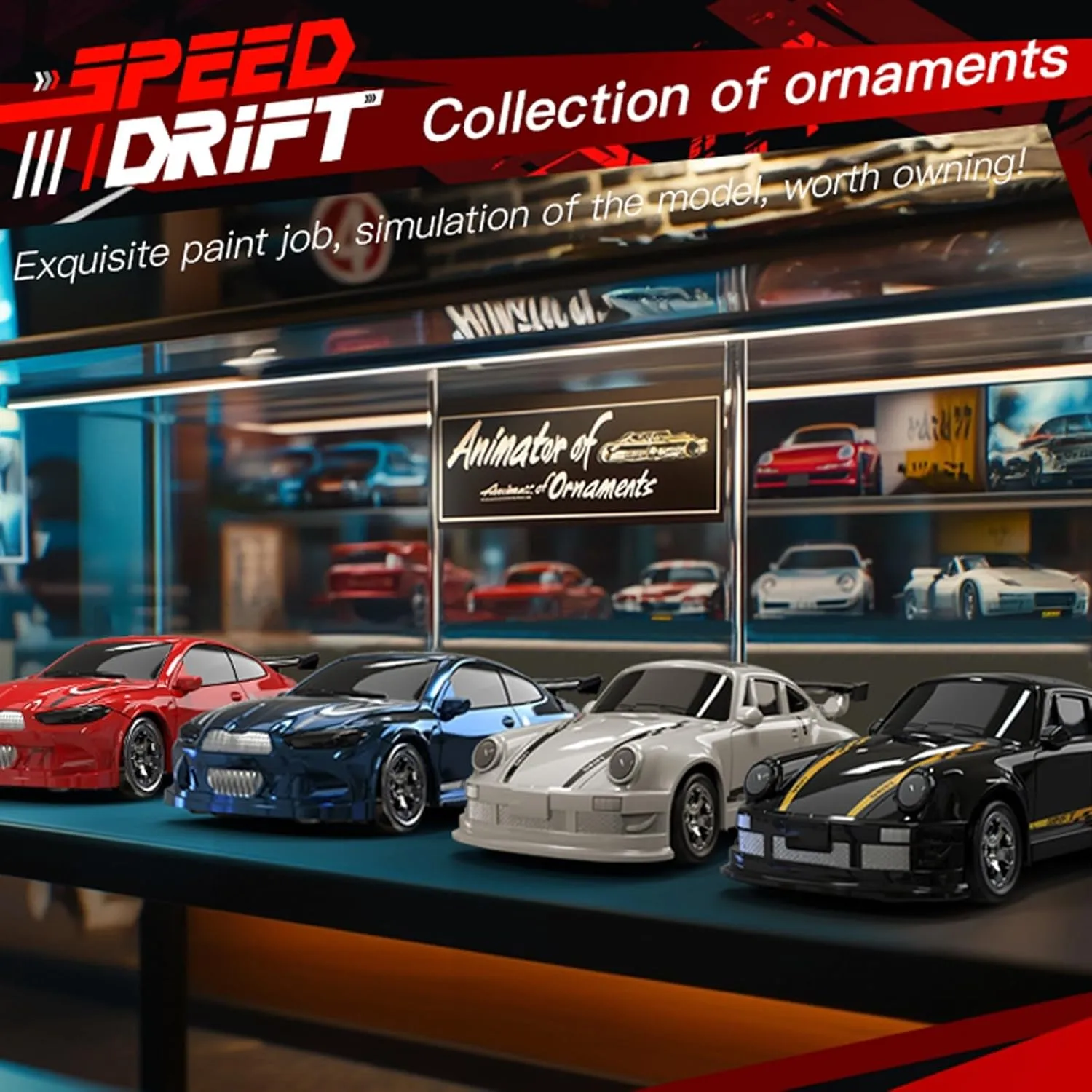 Desktop Drift Car, 1/64 Scale Mini RC Drift Car with LED Lights, Remote Control Vehicle with Electronic Locator, 4WD Mini RC Drift Cars for Race, Children's Gifts and Toys (KF20 Black)