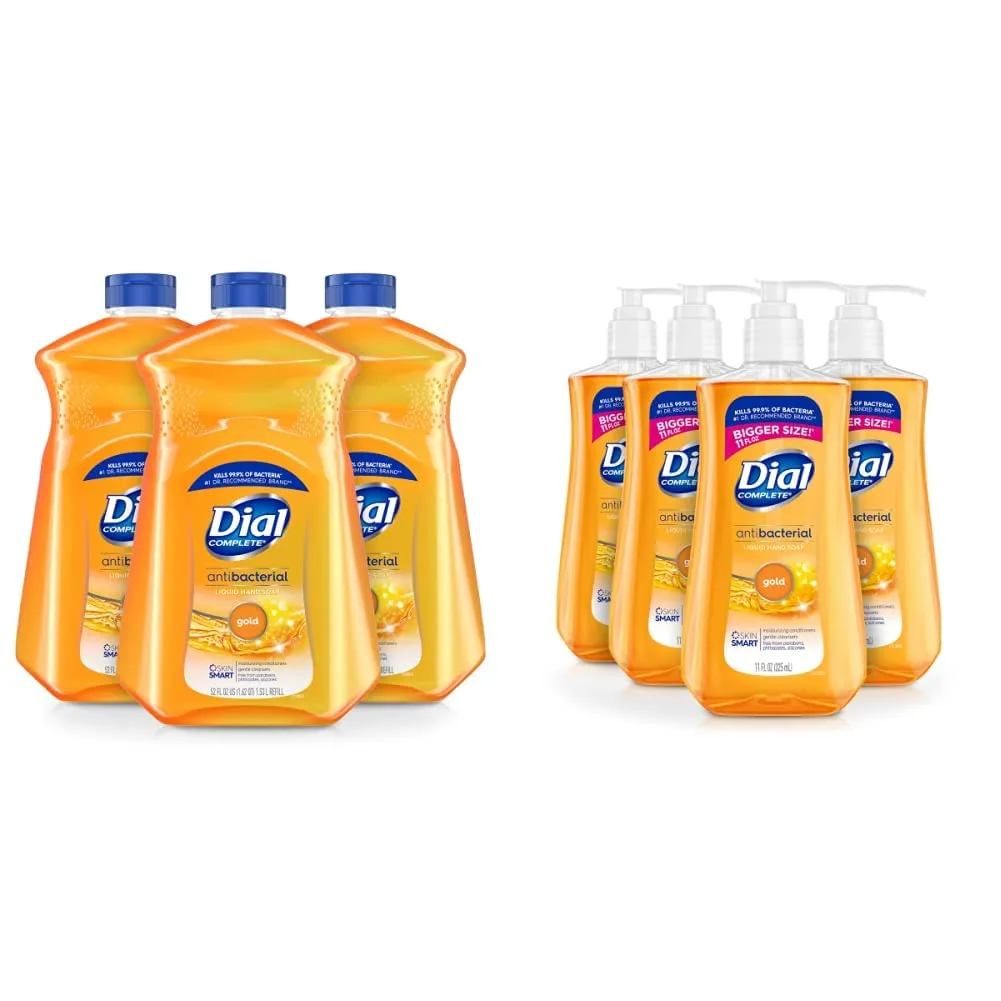 Dial Complete Antibacterial Liquid Hand Soap Refill, Gold, 52 fl Oz (Pack of 3) & Complete Antibacterial Liquid Hand Soap, Gold, 11 fl oz (Pack of 4)