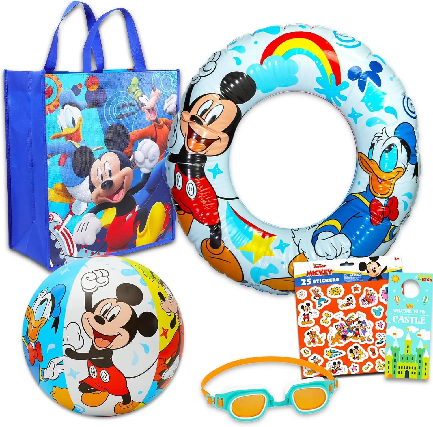Disney Mickey Mouse Ultimate Beach Set - 6 Pc Disney Pool Toys Bundle with Mickey Beach Ball, Swim Ring, Goggles, and Tote Bag Plus Stickers and More (Mickey Mouse Gift Set)