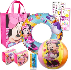 Disney Minnie Mouse Ultimate Beach Toys Set - 6 Pc Disney Pool Toys Bundle with Minnie Beach Ball, Arm Floaties, Goggles, and Tote Bag Plus More