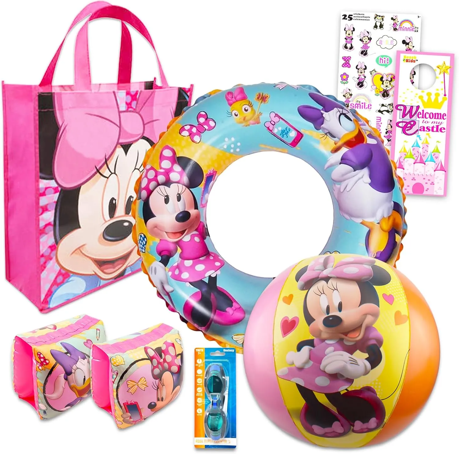 Disney Minnie Mouse Ultimate Beach Toys Set - 6 Pc Disney Pool Toys Bundle with Minnie Beach Ball, Arm Floaties, Goggles, and Tote Bag Plus More