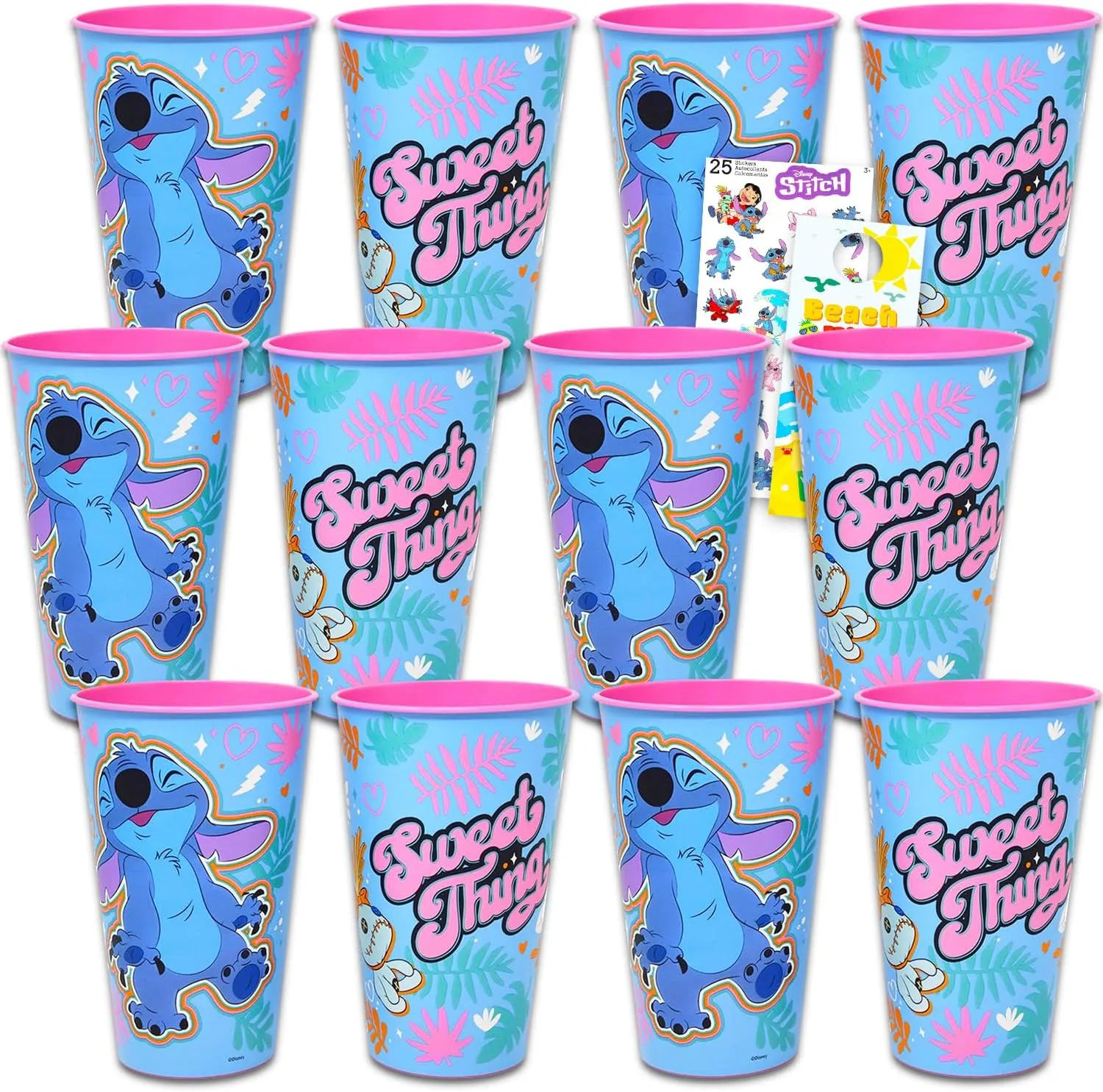 Disney Stitch Reusable Tumbler Cup Pack Party Favor Bundle with 24 Oz 12 Cups Plus Stickers, More | Lilo and Stitch Water Tumblers for Girls, Boys
