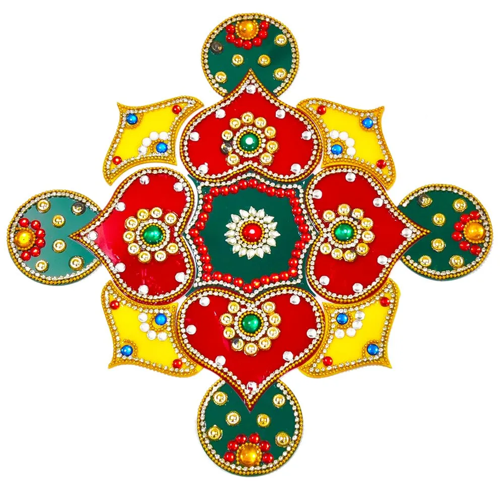 DMS RETAIL Handcrafted Red Yellow Green Traditional Acrylic Rangoli Set for Floor Decoration | Diwali Decoration Items for Home 11 Inches