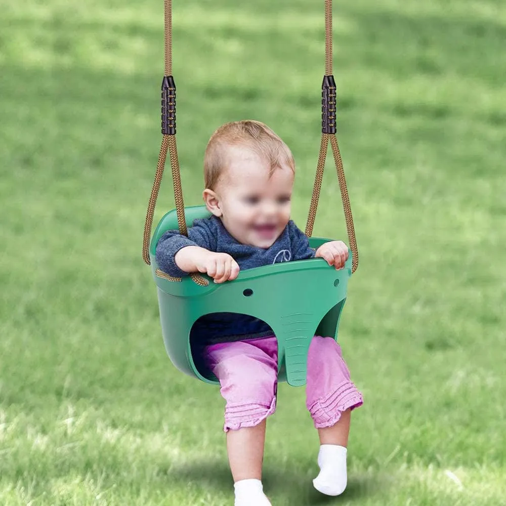 Dolibest Heavy Duty High Back Full Bucket Toddler Swing Seat with Locking Carabiners and Adjustable Rope, Cute Elephant Shape Design, 600LB Weight Limit (Bucket Swing, Green)