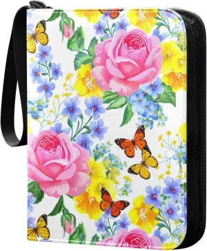 Doodle Colorful Flowers Card Holder, Card Holder Album with 400 Card Slots in 50 Pages for Display, Storage, Portability
