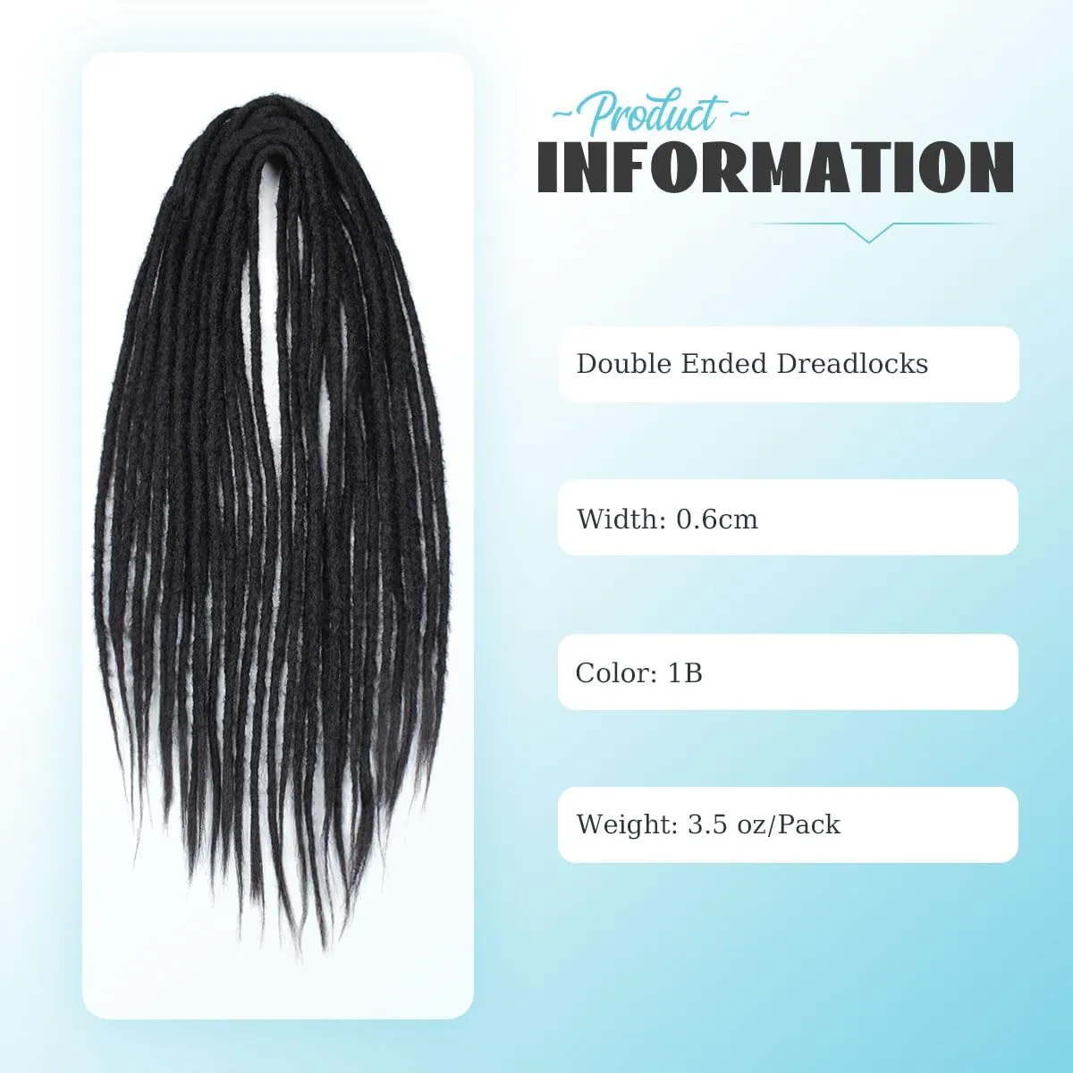 Double Ended Dreadlock Extensions, 15 pcs 24 inch Black Thin 0.6cm Fake Dreads Extensions, DE Synthetic Dreadlock Extensions Reggae Hippie Dreads for Women