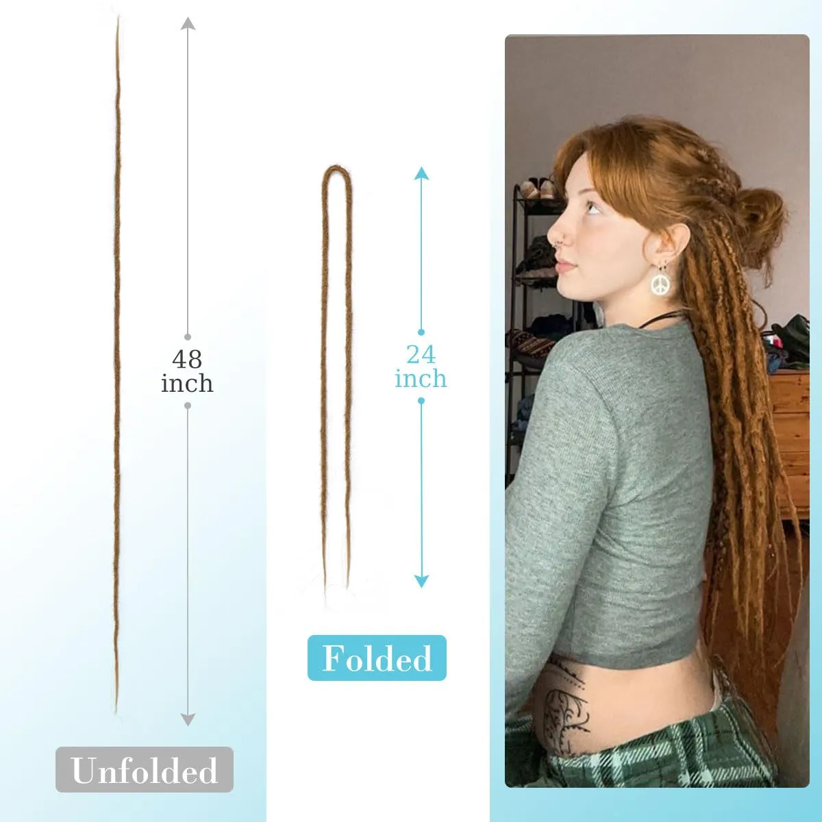 Double Ended Dreadlock Extensions, 15 pcs 24 inch Black Thin 0.6cm Fake Dreads Extensions, DE Synthetic Dreadlock Extensions Reggae Hippie Dreads for Women