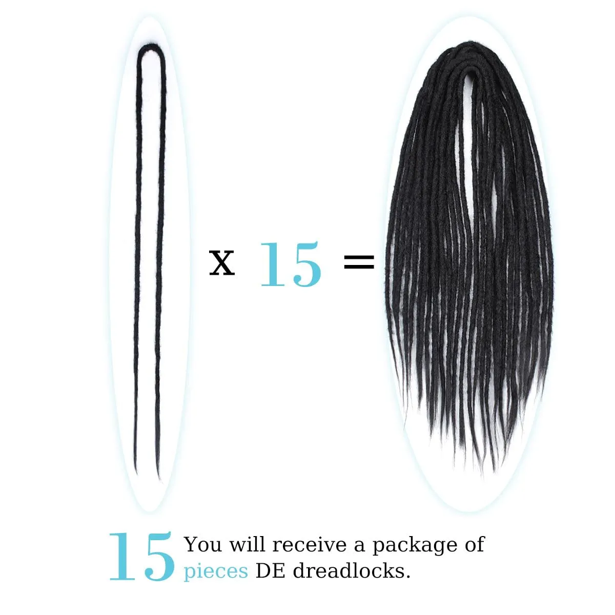Double Ended Dreadlock Extensions, 15 pcs 24 inch Black Thin 0.6cm Fake Dreads Extensions, DE Synthetic Dreadlock Extensions Reggae Hippie Dreads for Women