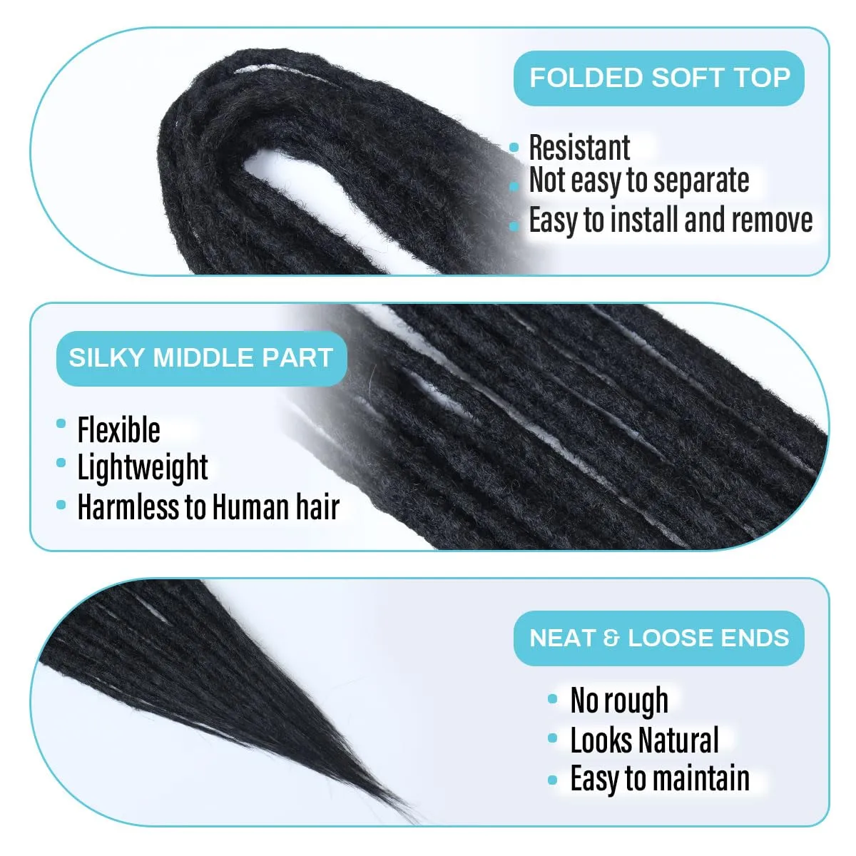 Double Ended Dreadlock Extensions, 15 pcs 24 inch Black Thin 0.6cm Fake Dreads Extensions, DE Synthetic Dreadlock Extensions Reggae Hippie Dreads for Women