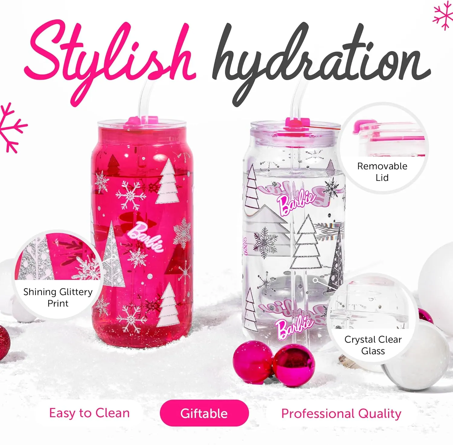Dragon Glassware x Barbie Christmas Drinking Glasses - 20 oz Glass Cups with Lids and Straws Set of 2 - Pink Iced Coffee Cups with Lids - Reusable Glass Tumbler with Straw and Lid
