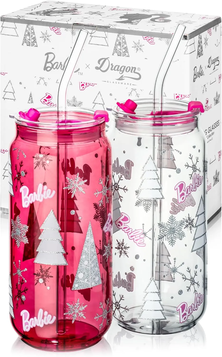 Dragon Glassware x Barbie Christmas Drinking Glasses - 20 oz Glass Cups with Lids and Straws Set of 2 - Pink Iced Coffee Cups with Lids - Reusable Glass Tumbler with Straw and Lid