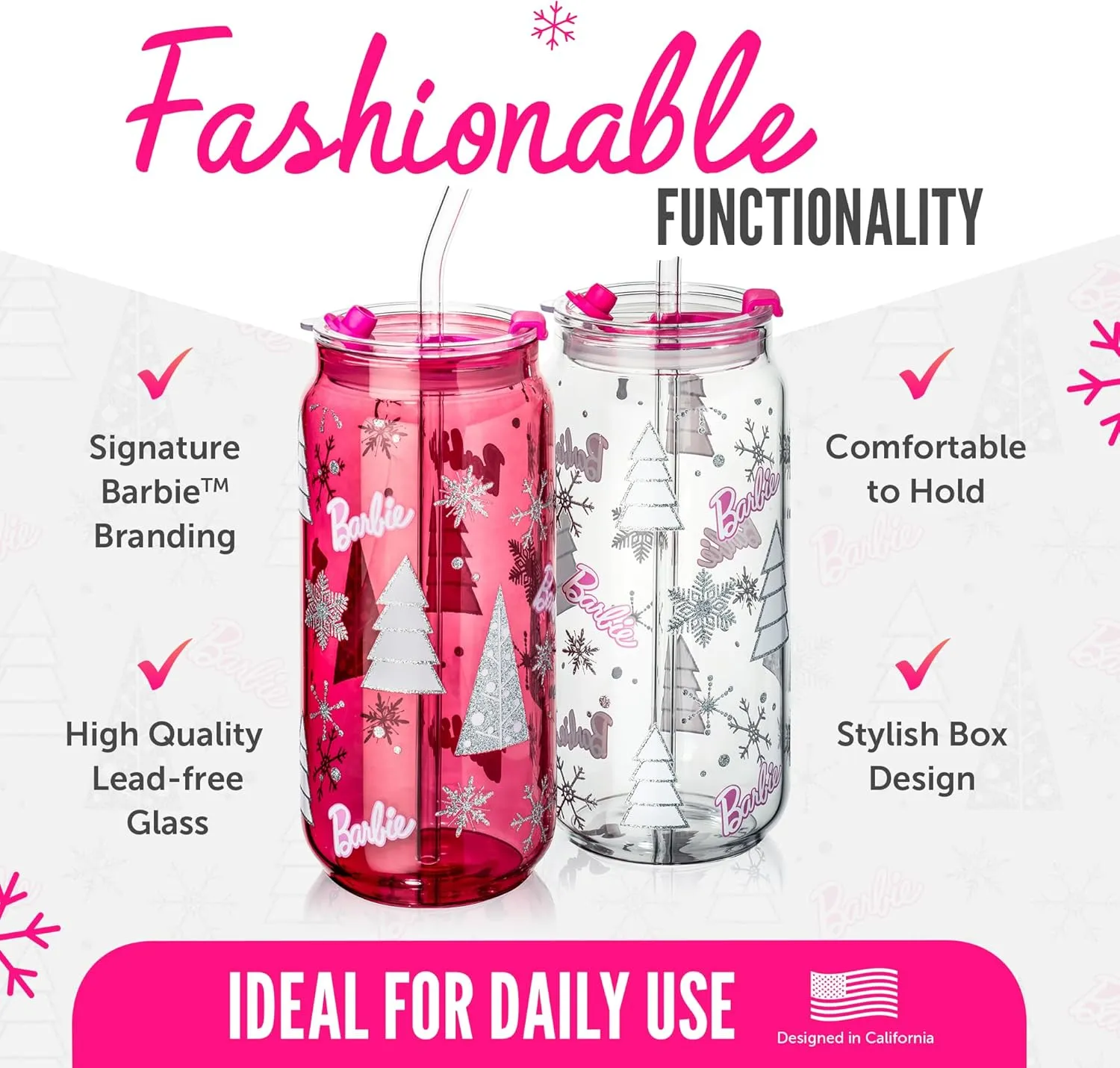 Dragon Glassware x Barbie Christmas Drinking Glasses - 20 oz Glass Cups with Lids and Straws Set of 2 - Pink Iced Coffee Cups with Lids - Reusable Glass Tumbler with Straw and Lid