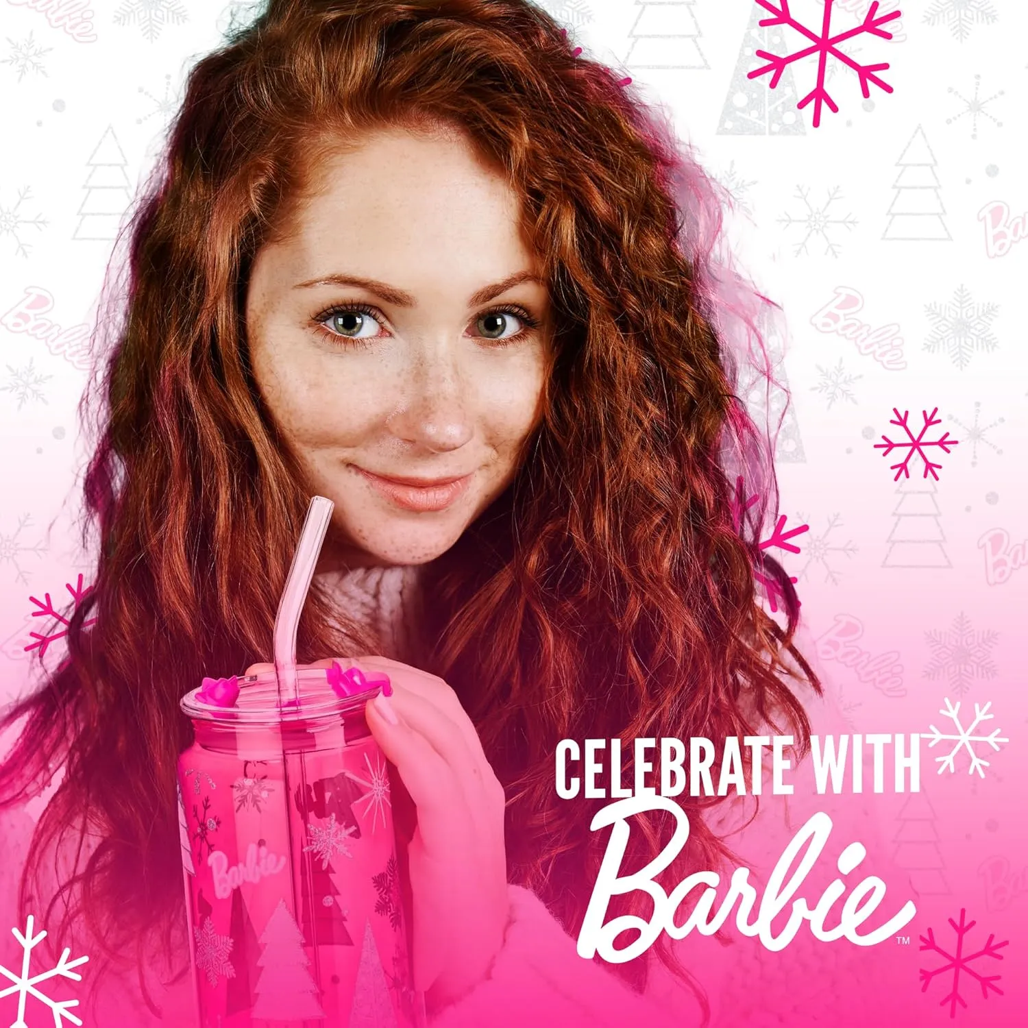 Dragon Glassware x Barbie Christmas Drinking Glasses - 20 oz Glass Cups with Lids and Straws Set of 2 - Pink Iced Coffee Cups with Lids - Reusable Glass Tumbler with Straw and Lid