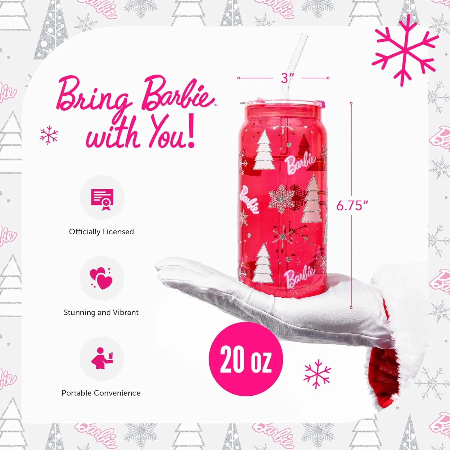 Dragon Glassware x Barbie Christmas Drinking Glasses - 20 oz Glass Cups with Lids and Straws Set of 2 - Pink Iced Coffee Cups with Lids - Reusable Glass Tumbler with Straw and Lid