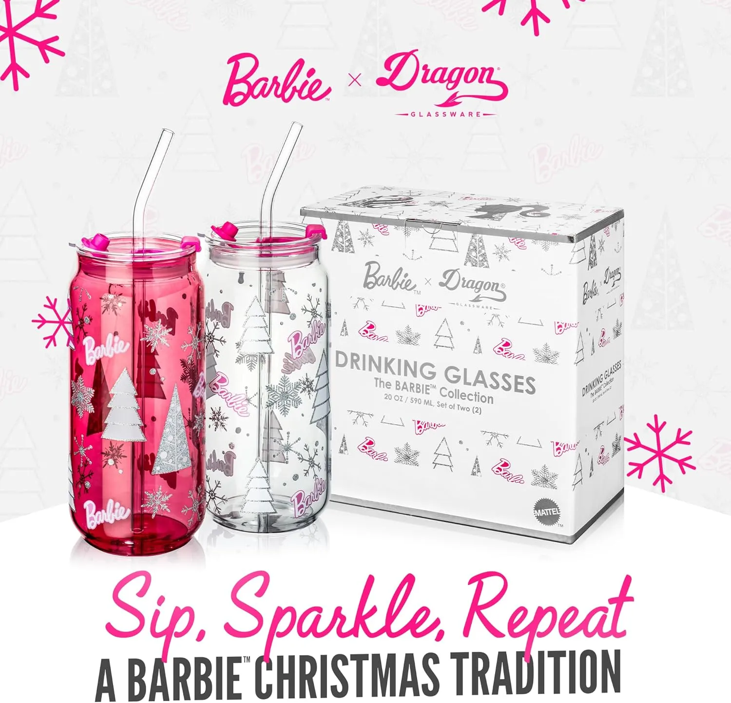 Dragon Glassware x Barbie Christmas Drinking Glasses - 20 oz Glass Cups with Lids and Straws Set of 2 - Pink Iced Coffee Cups with Lids - Reusable Glass Tumbler with Straw and Lid
