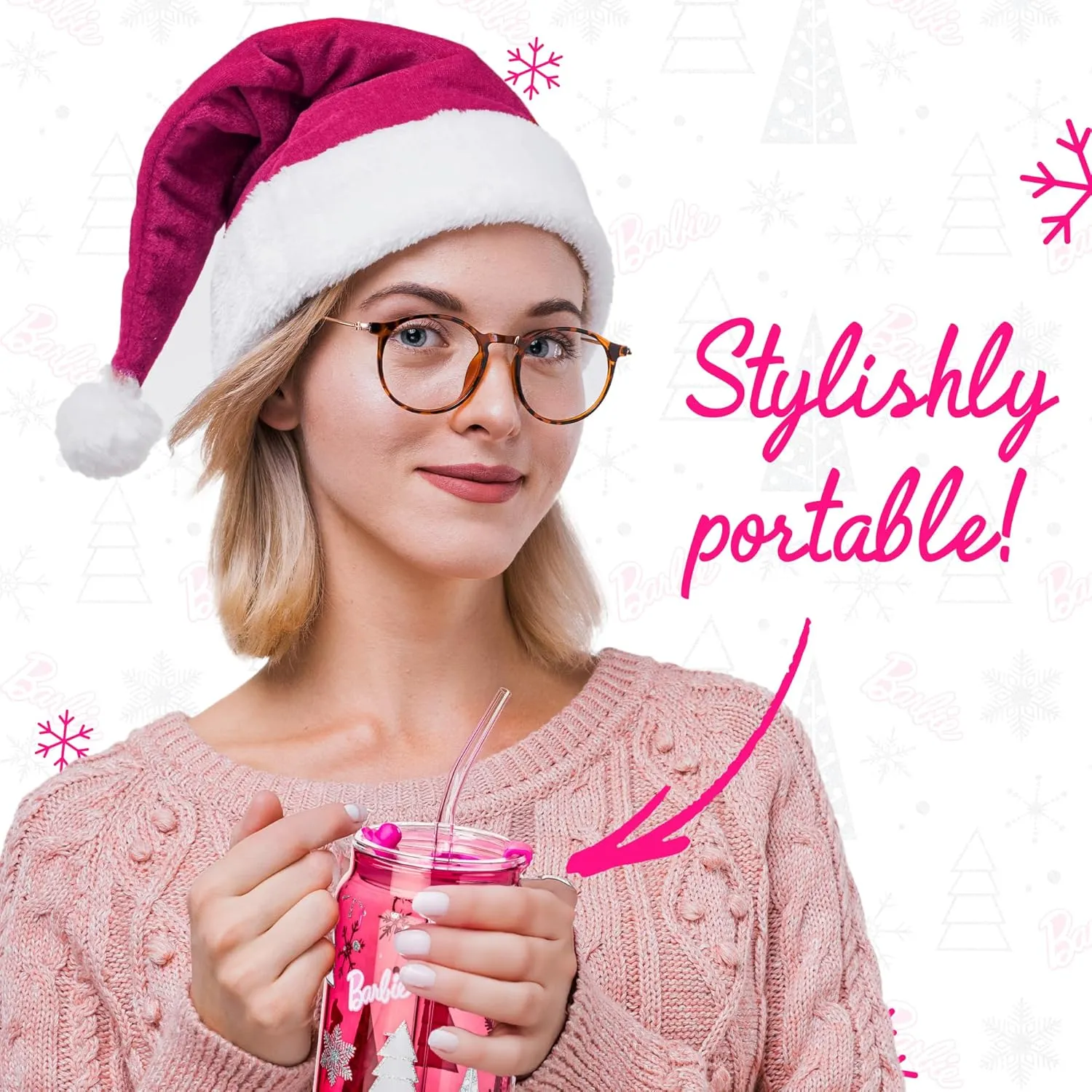 Dragon Glassware x Barbie Christmas Drinking Glasses - 20 oz Glass Cups with Lids and Straws Set of 2 - Pink Iced Coffee Cups with Lids - Reusable Glass Tumbler with Straw and Lid