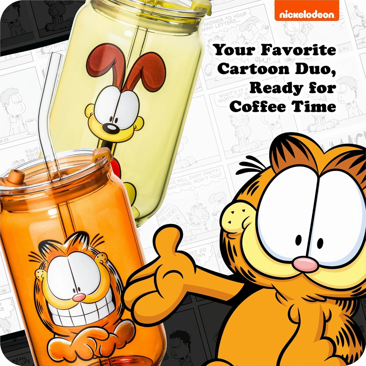 Dragon Glassware x Garfield Drinking Glasses - 16 oz Glass Cups with Lids and Straws Set of 2 - Garfield & Odie Iced Coffee Cups with Lids - Reusable Glass Tumbler with Straw and Lid
