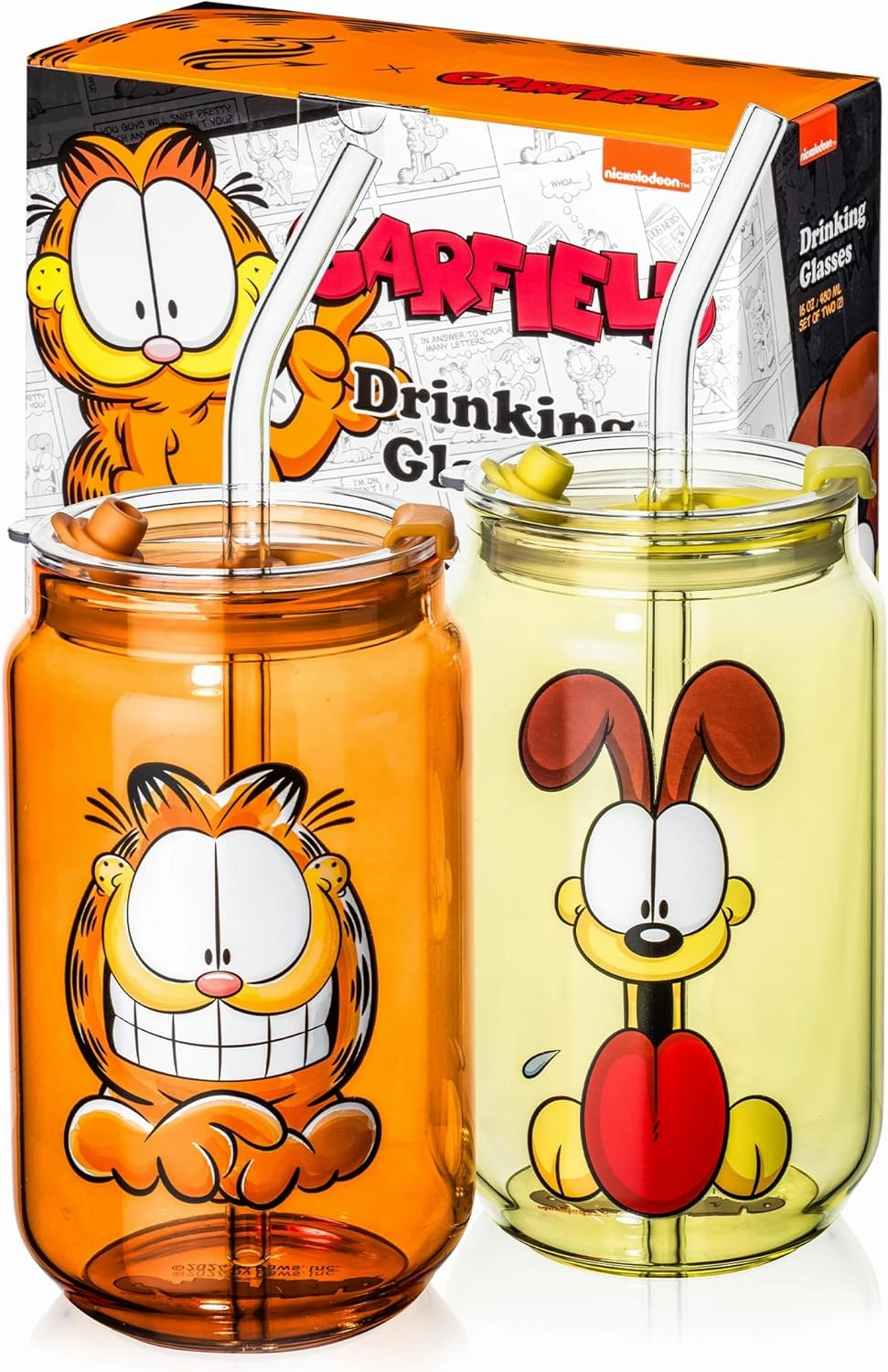 Dragon Glassware x Garfield Drinking Glasses - 16 oz Glass Cups with Lids and Straws Set of 2 - Garfield & Odie Iced Coffee Cups with Lids - Reusable Glass Tumbler with Straw and Lid