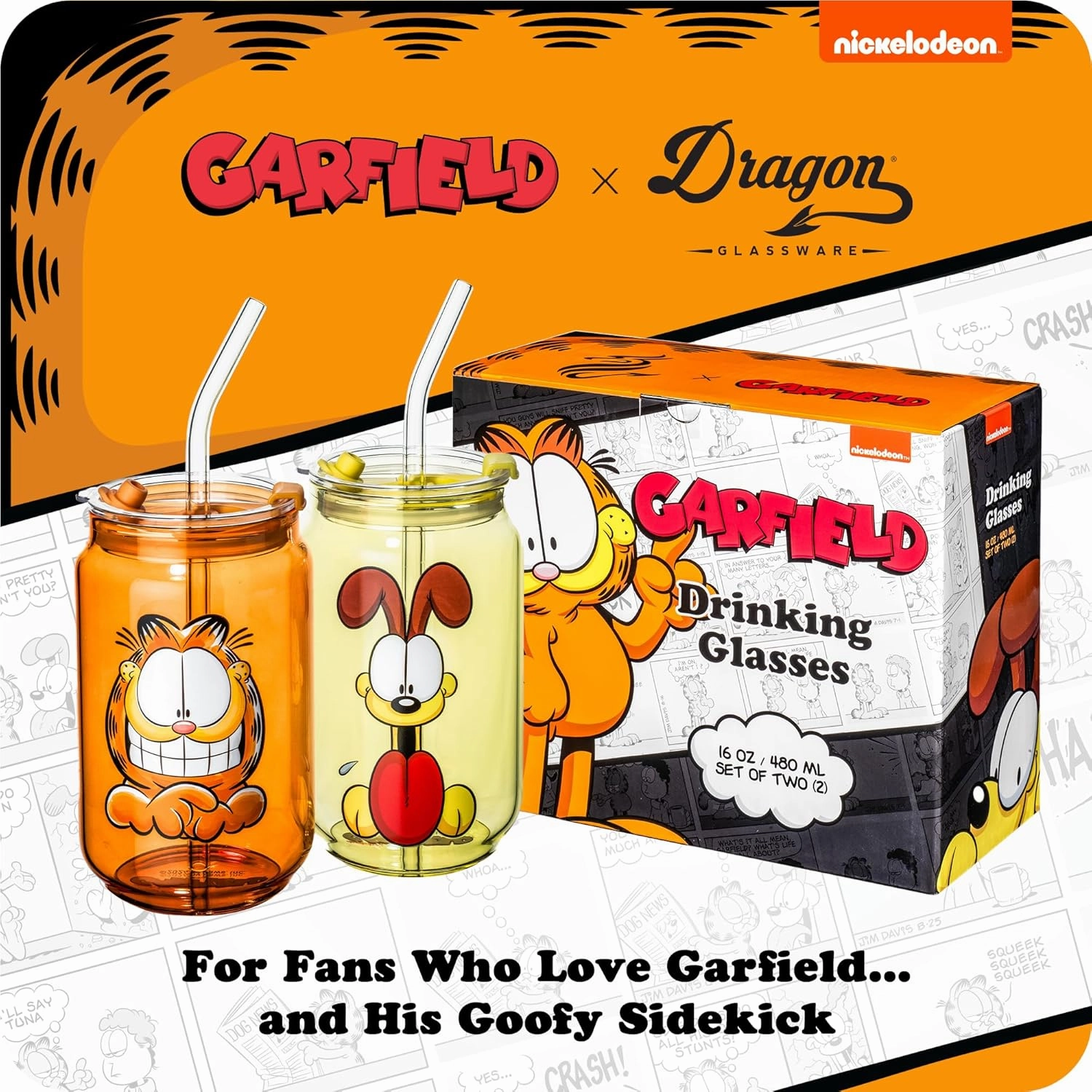 Dragon Glassware x Garfield Drinking Glasses - 16 oz Glass Cups with Lids and Straws Set of 2 - Garfield & Odie Iced Coffee Cups with Lids - Reusable Glass Tumbler with Straw and Lid