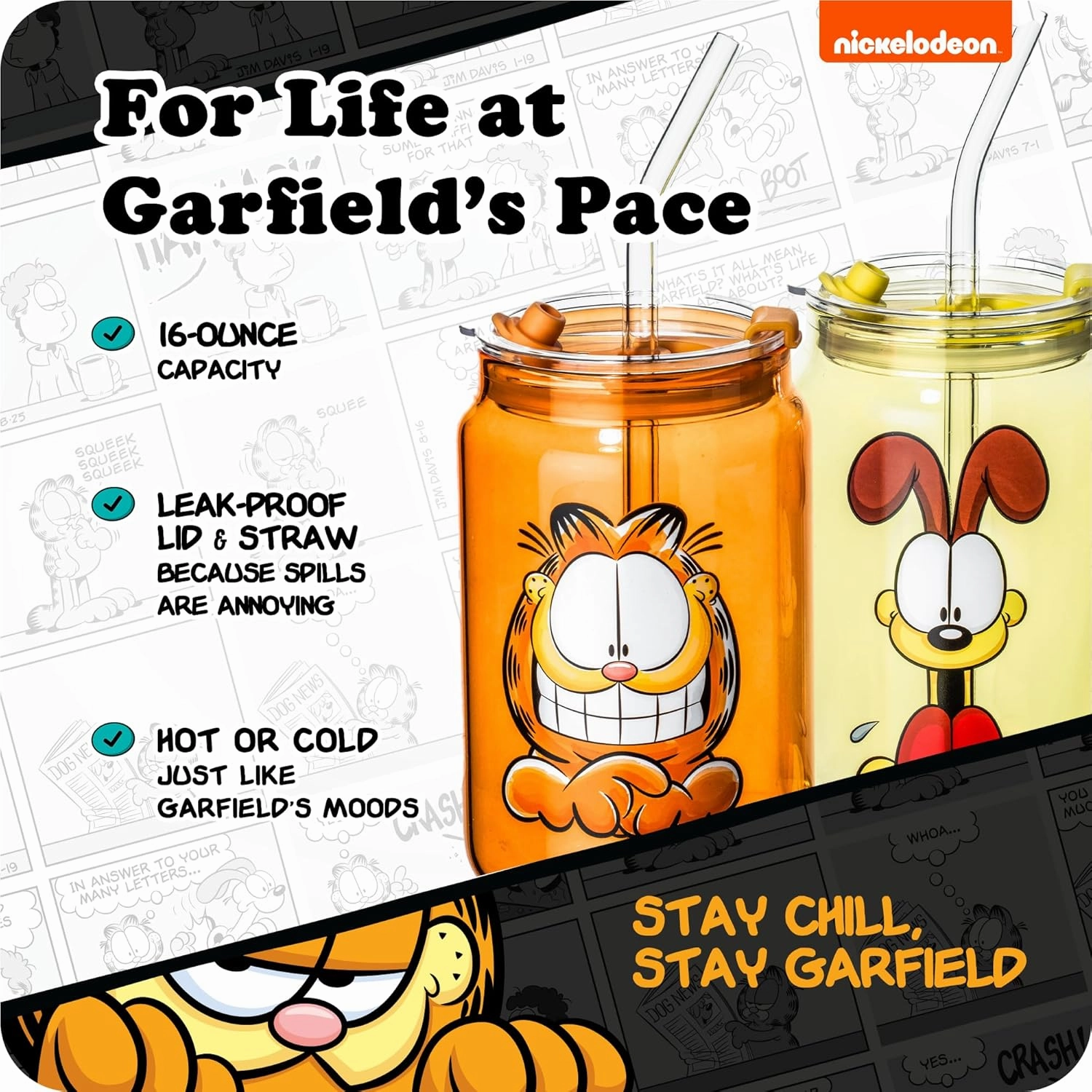 Dragon Glassware x Garfield Drinking Glasses - 16 oz Glass Cups with Lids and Straws Set of 2 - Garfield & Odie Iced Coffee Cups with Lids - Reusable Glass Tumbler with Straw and Lid