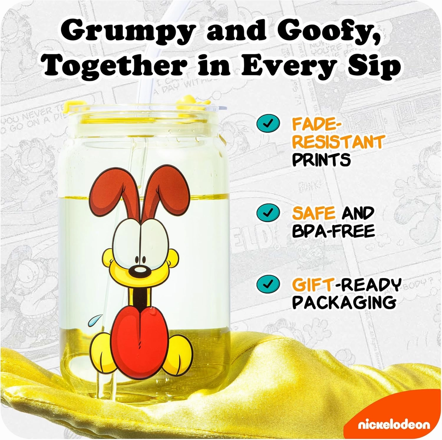Dragon Glassware x Garfield Drinking Glasses - 16 oz Glass Cups with Lids and Straws Set of 2 - Garfield & Odie Iced Coffee Cups with Lids - Reusable Glass Tumbler with Straw and Lid