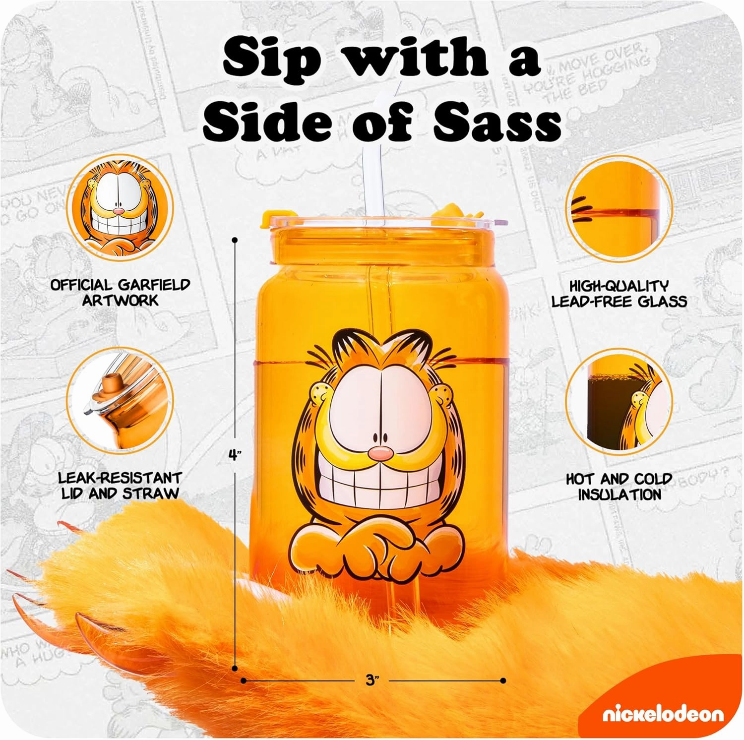 Dragon Glassware x Garfield Drinking Glasses - 16 oz Glass Cups with Lids and Straws Set of 2 - Garfield & Odie Iced Coffee Cups with Lids - Reusable Glass Tumbler with Straw and Lid