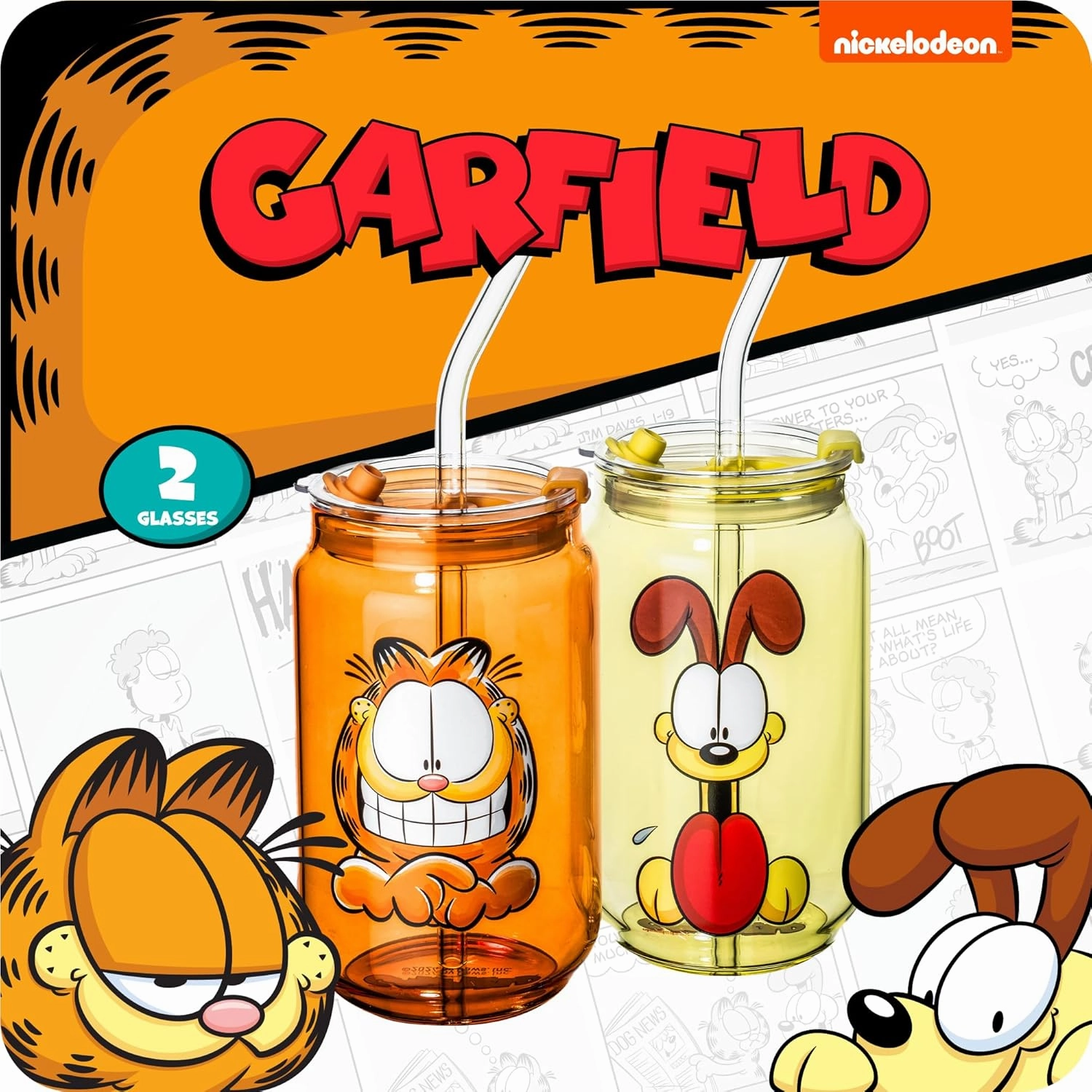Dragon Glassware x Garfield Drinking Glasses - 16 oz Glass Cups with Lids and Straws Set of 2 - Garfield & Odie Iced Coffee Cups with Lids - Reusable Glass Tumbler with Straw and Lid