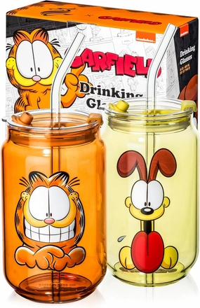 Dragon Glassware x Garfield Drinking Glasses - 16 oz Glass Cups with Lids and Straws Set of 2 - Garfield & Odie Iced Coffee Cups with Lids - Reusable Glass Tumbler with Straw and Lid