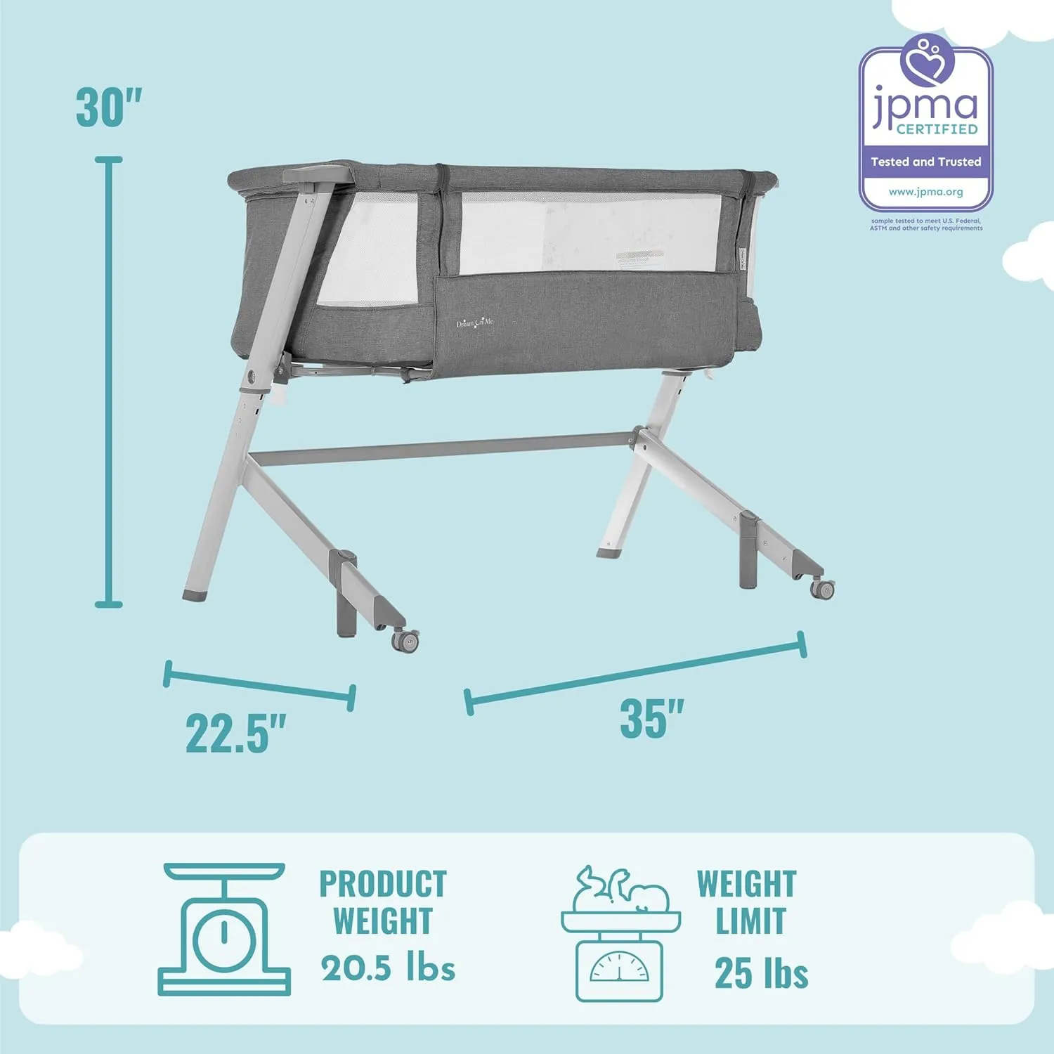 Dream On Me Skylar Bassinet and Bedside Sleeper in Grey, Lightweight and Portable Baby Bassinet, Five Position Adjustable Height, Easy to Fold and Carry Travel Bassinet, JPMA Certified