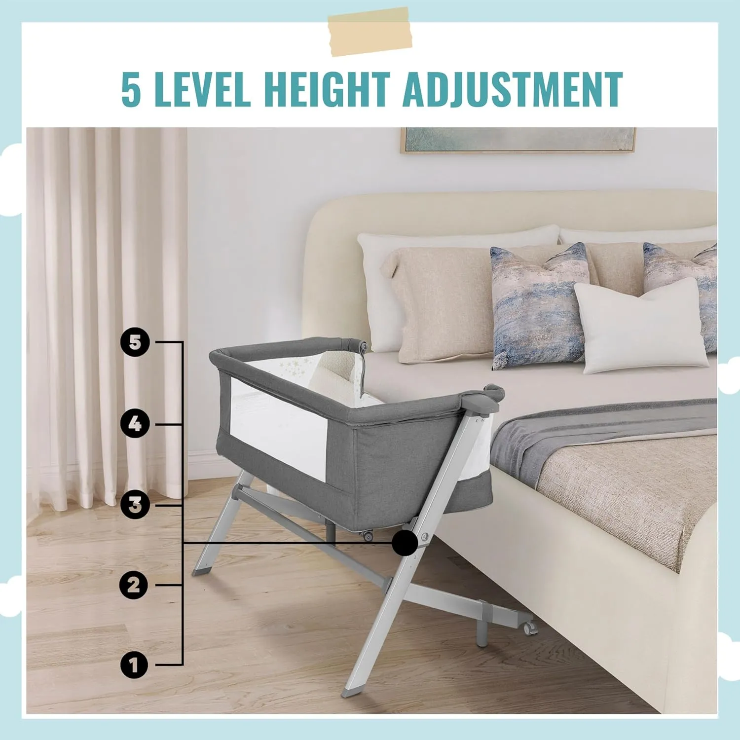 Dream On Me Skylar Bassinet and Bedside Sleeper in Grey, Lightweight and Portable Baby Bassinet, Five Position Adjustable Height, Easy to Fold and Carry Travel Bassinet, JPMA Certified